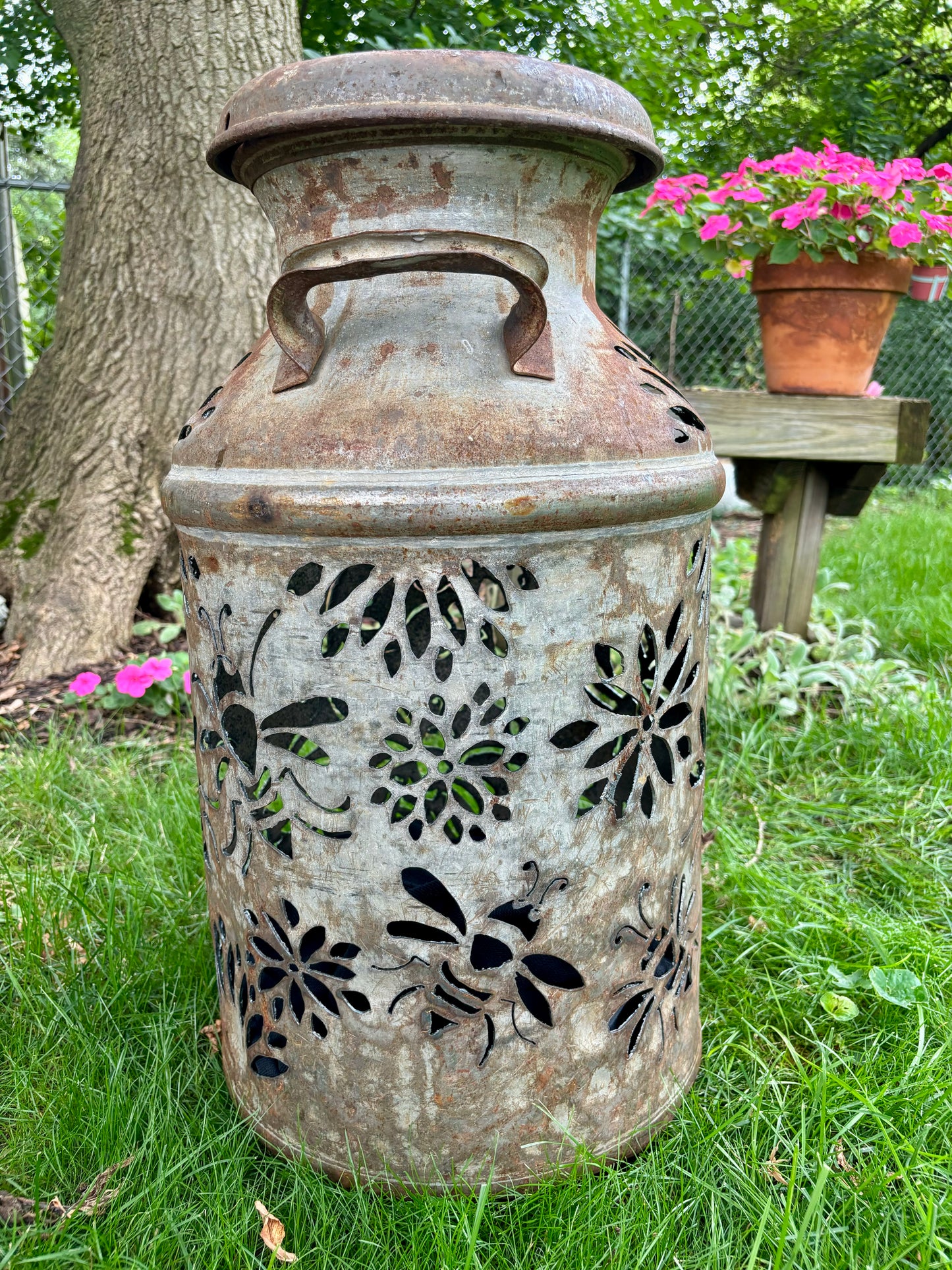 Vintage Milk Can Luminary - Bee Design