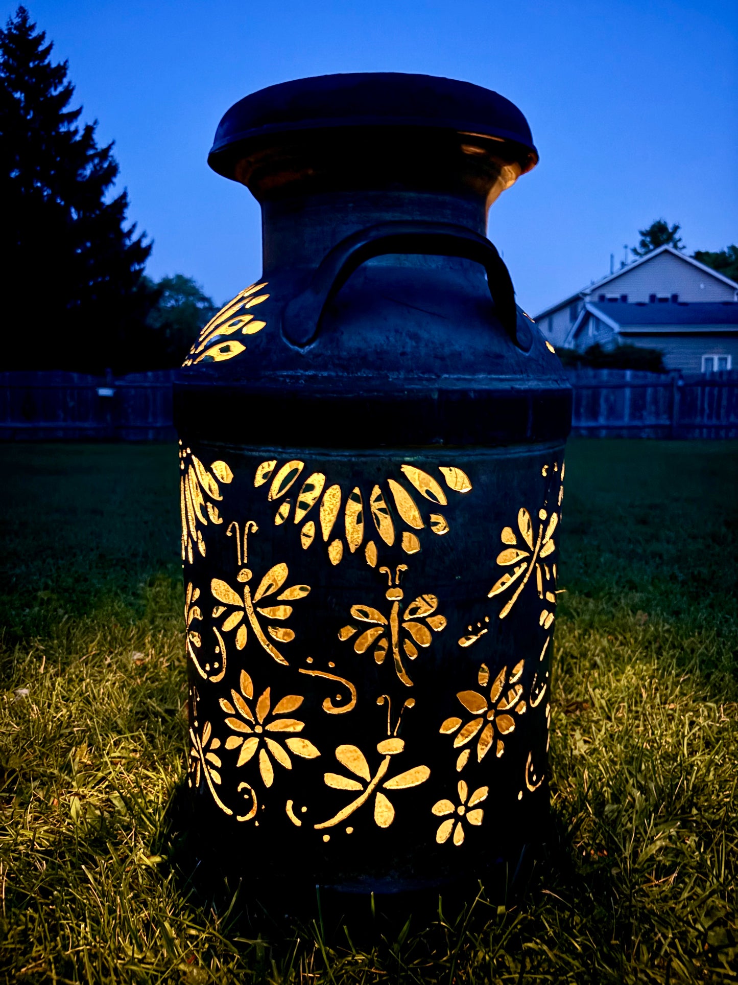 Vintage Milk Can Luminary - Dragonfly Design