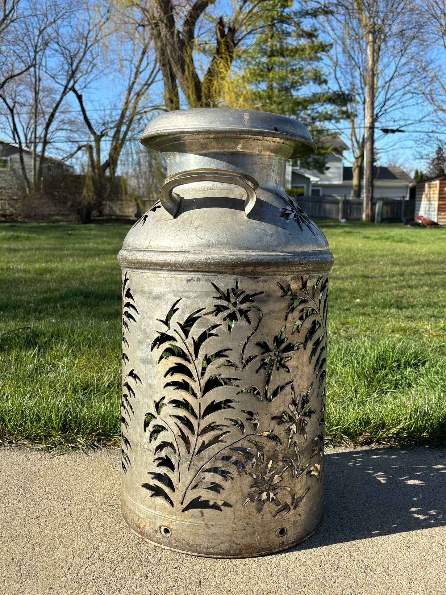 Vintage Milk Can Flower and Leaf Luminary