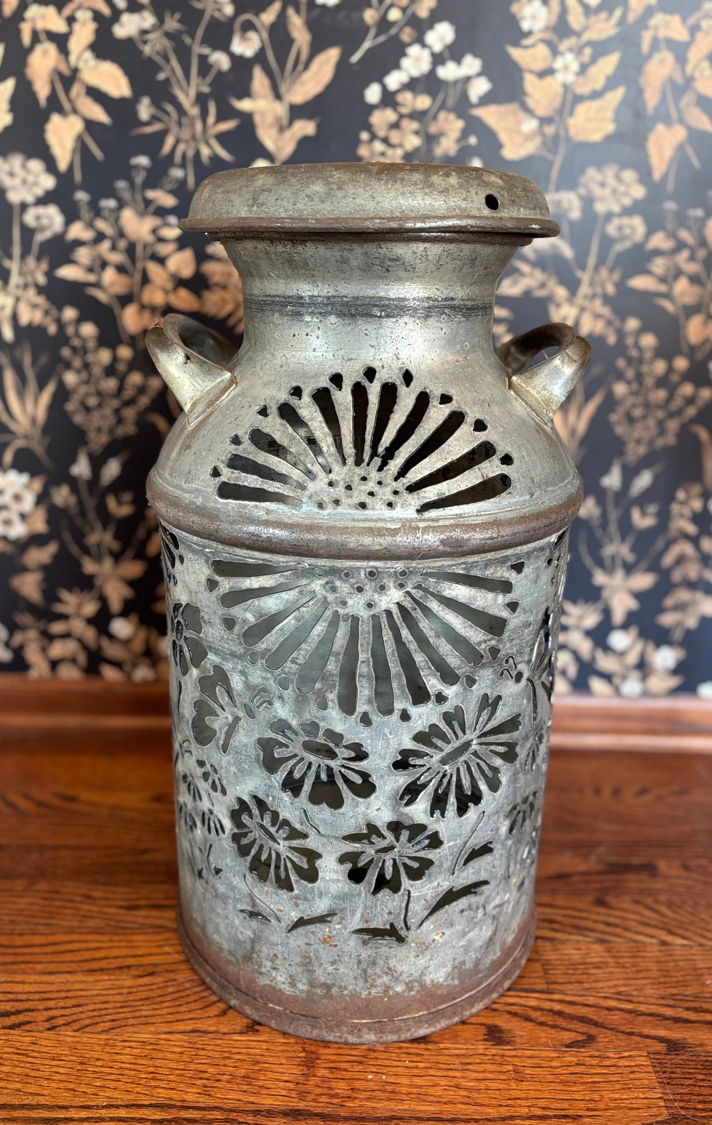 Vintage Milk Can Luminary - Flowers and Butterflies