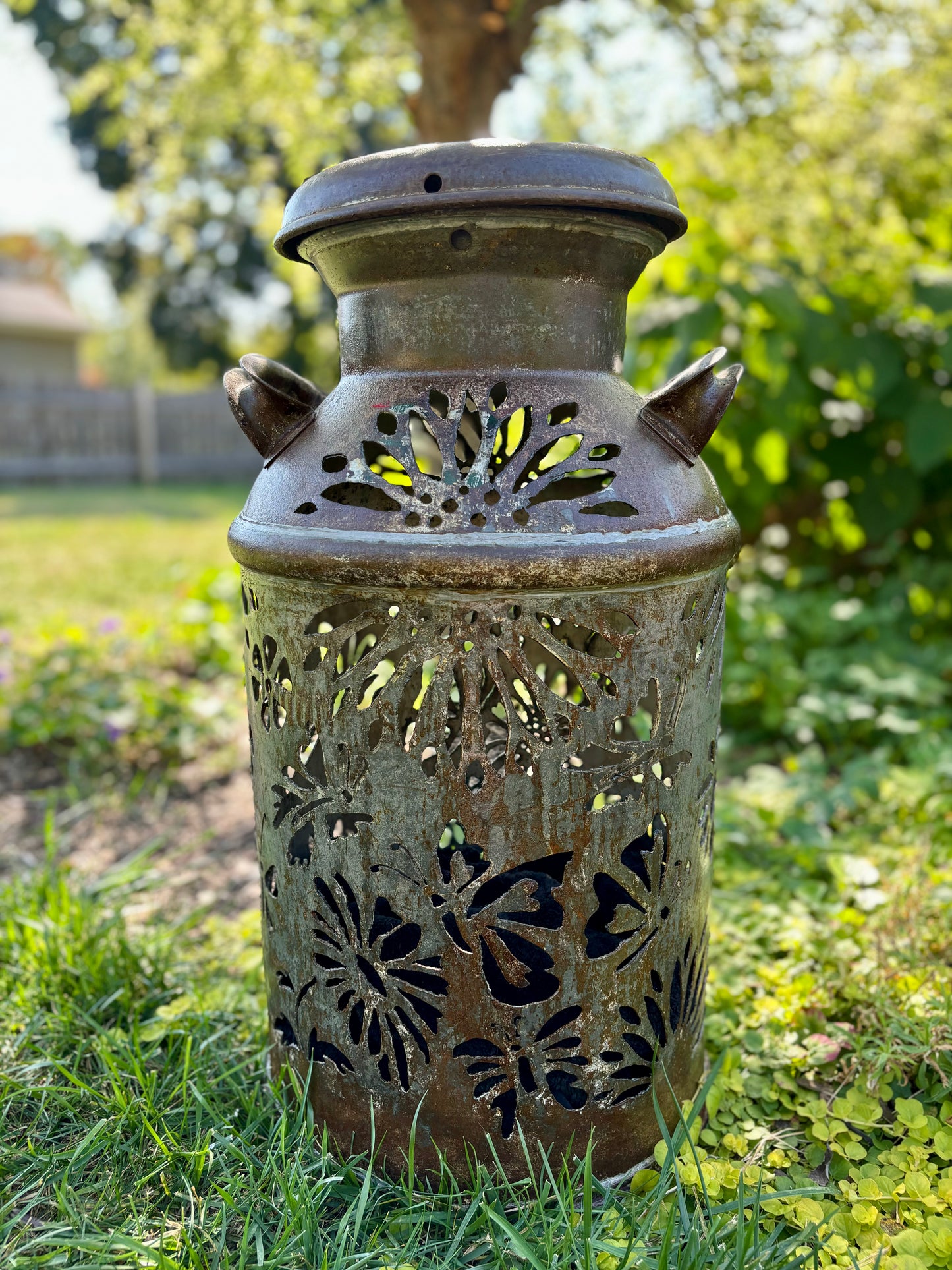 Vintage Milk Can Luminary - Butterfly Design