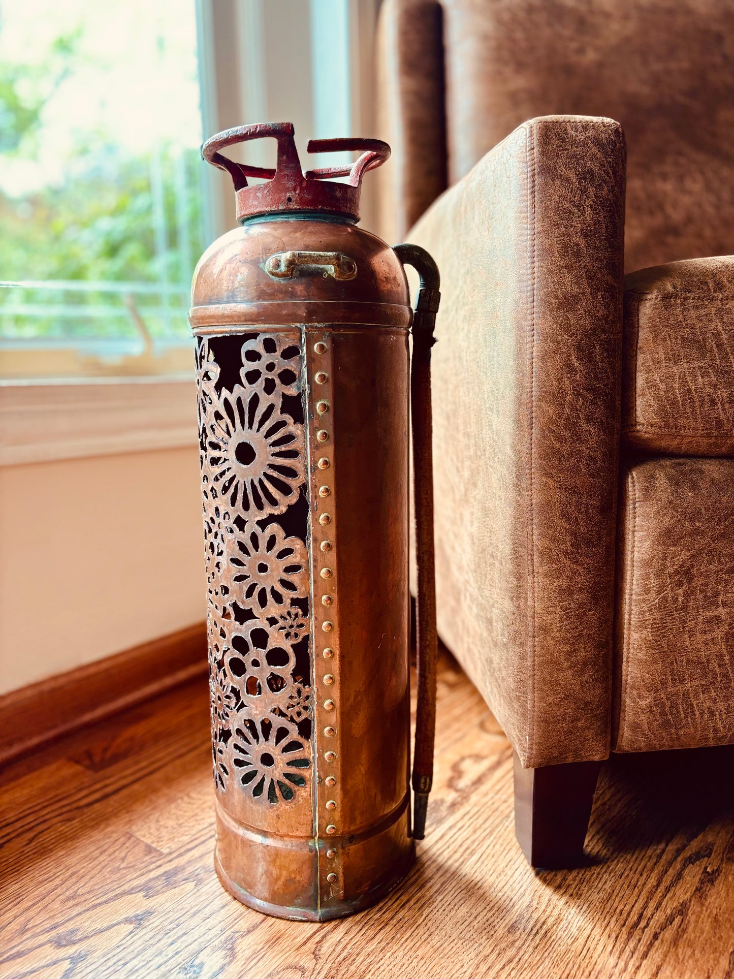 Antique Copper Fire Extinguisher - Flower Design