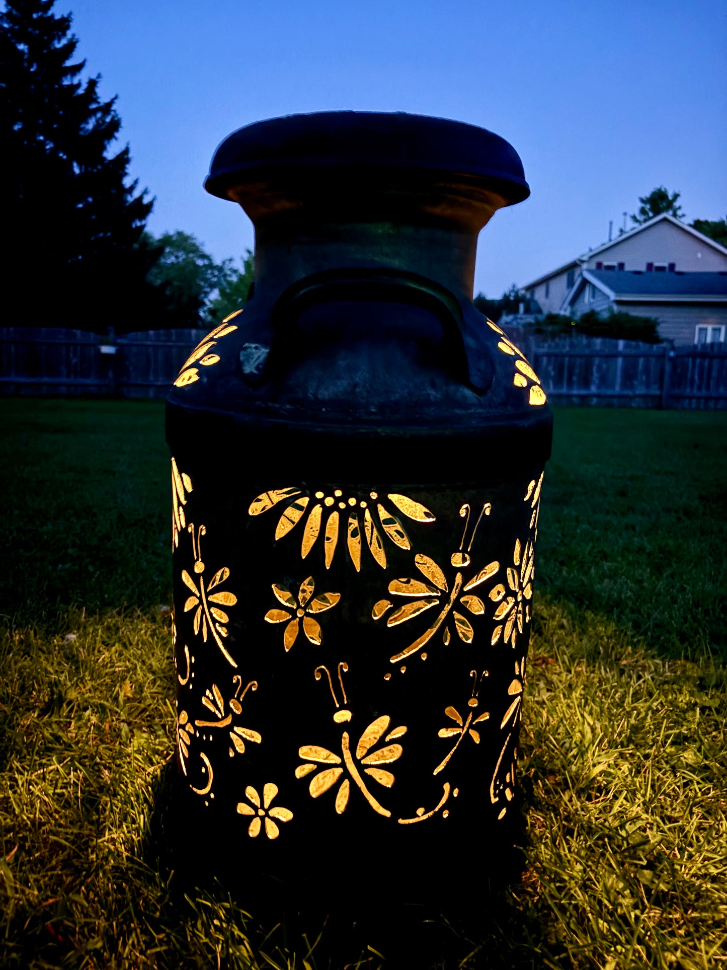Vintage Milk Can Luminary - Dragonfly Design