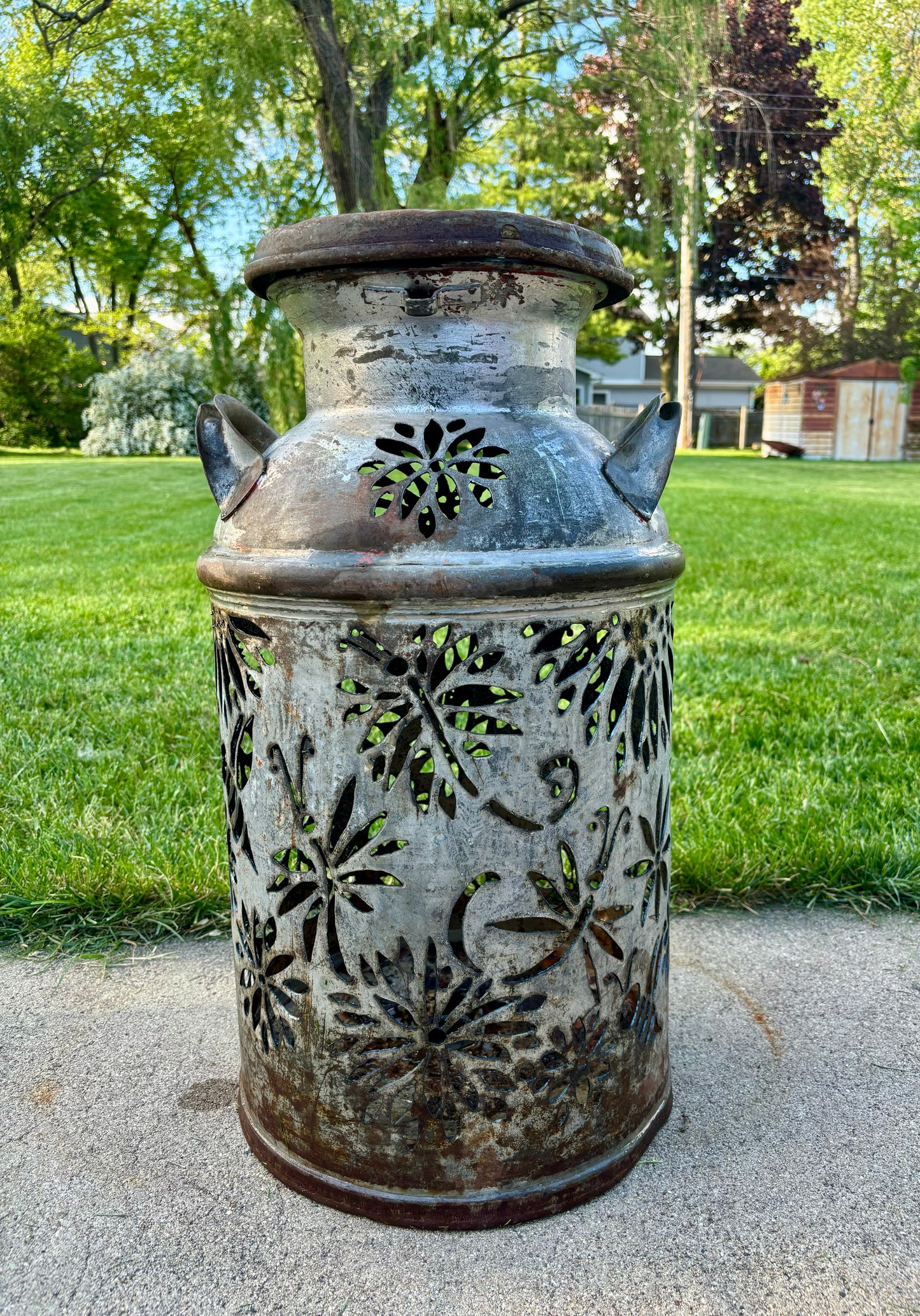Vintage Milk Can Luminary - Dragonflies, Bees, Hummingbird