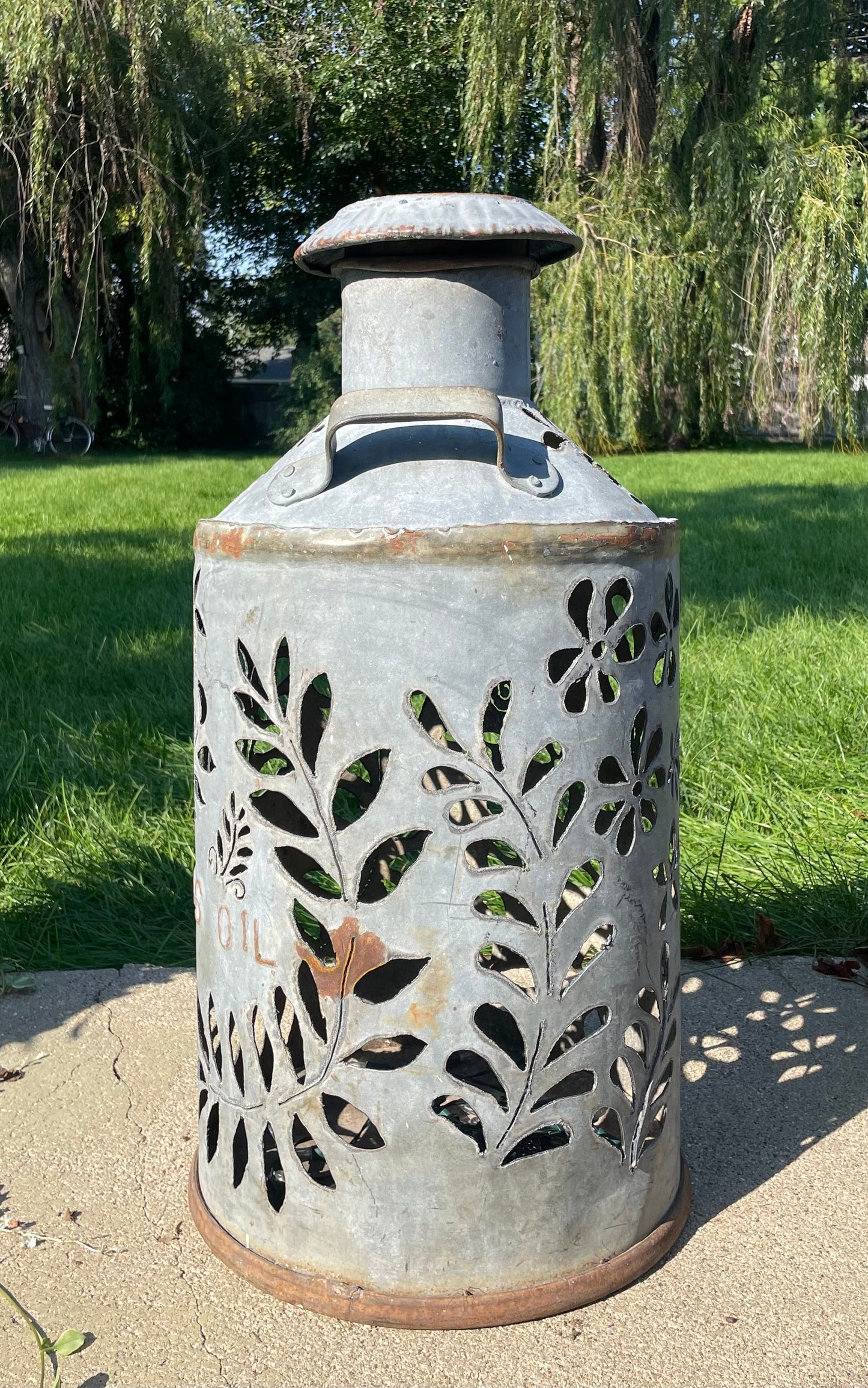 Large Antique Hand-Cut Flower Oil Can