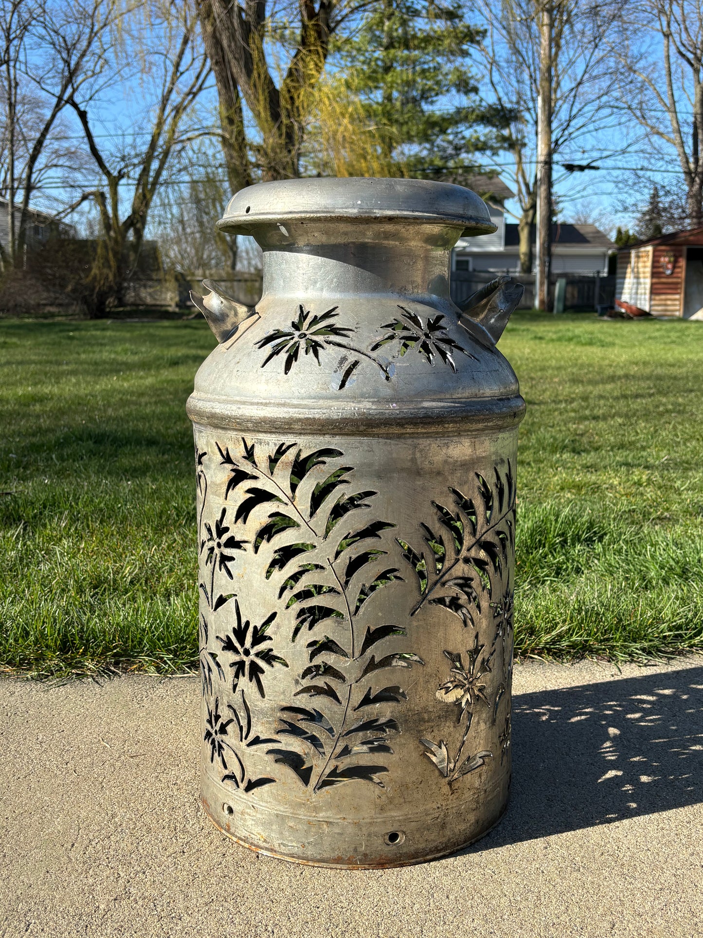 Vintage Milk Can Flower and Leaf Luminary