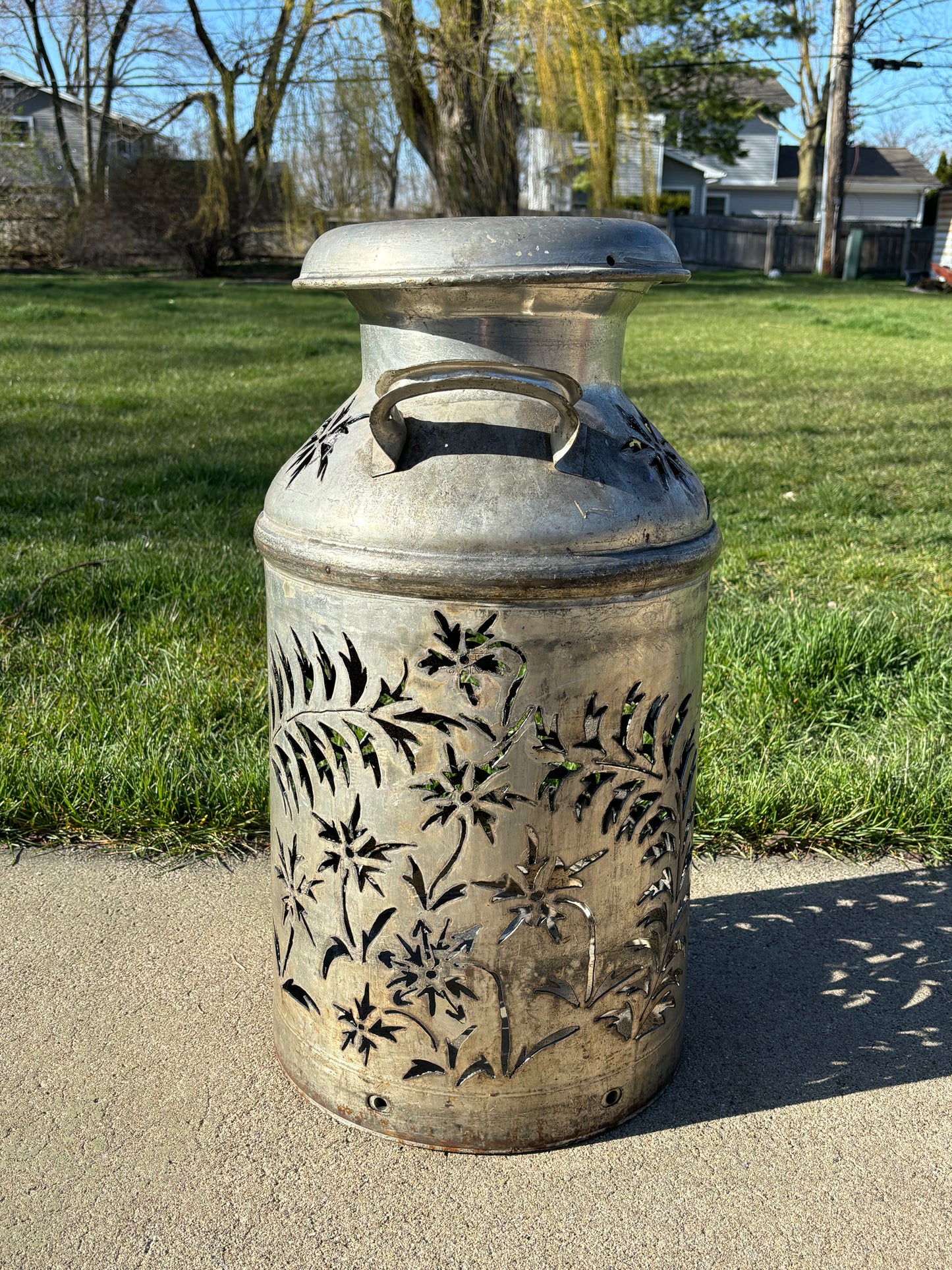 Vintage Milk Can Flower and Leaf Luminary