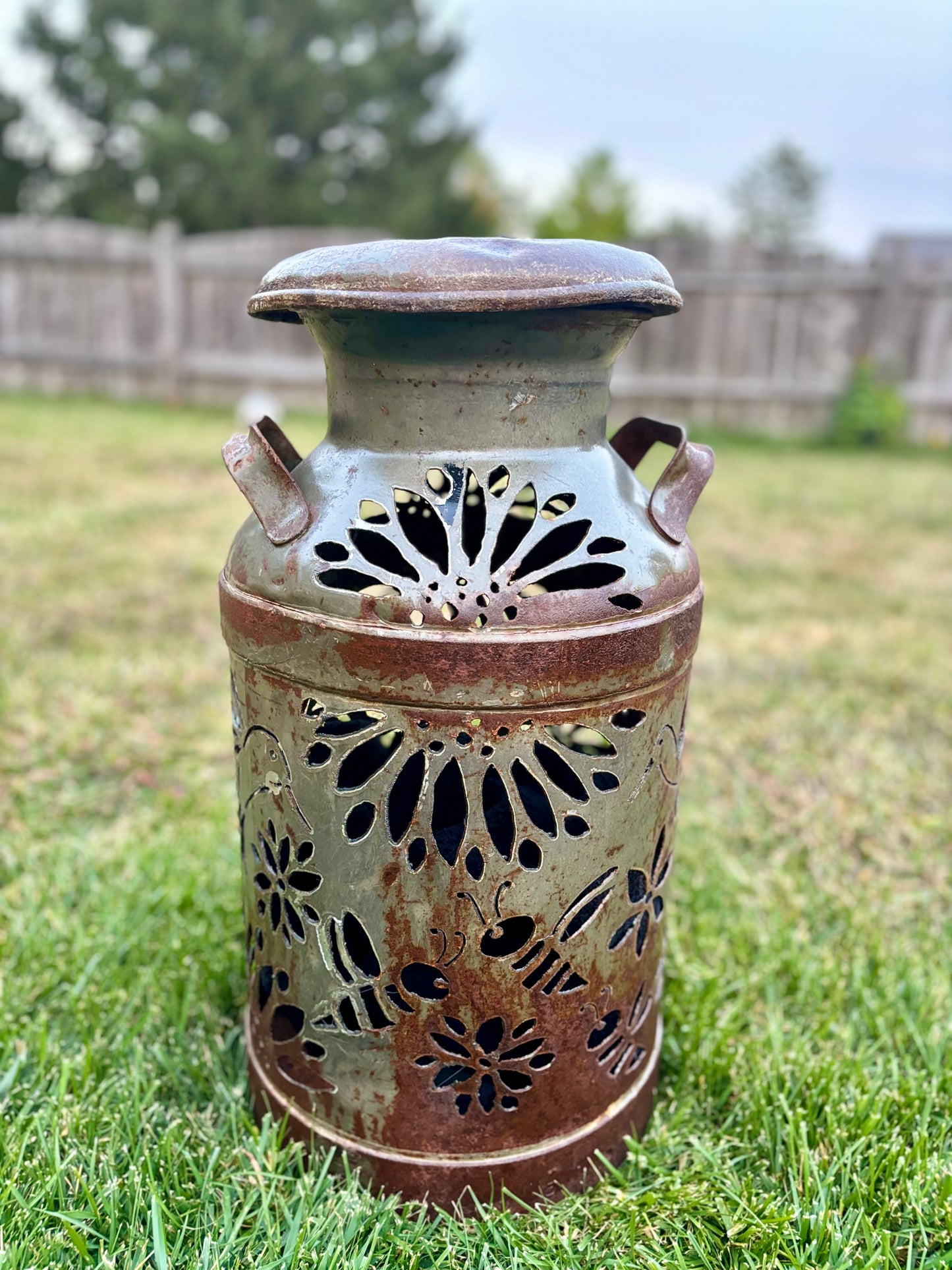 Vintage Milk Can - Dragonfly, Bee, Hummingbird Luminary