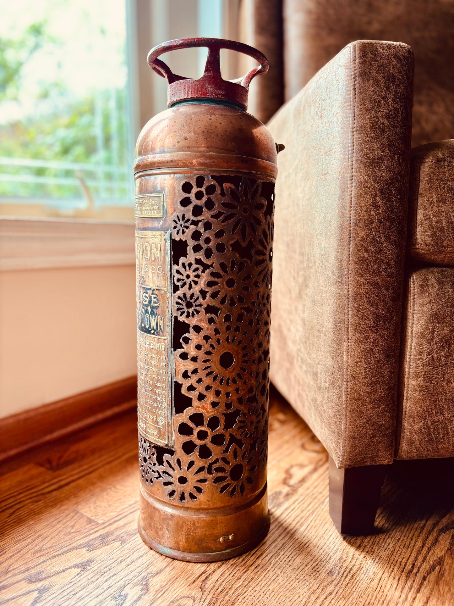 Antique Copper Fire Extinguisher - Flower Design
