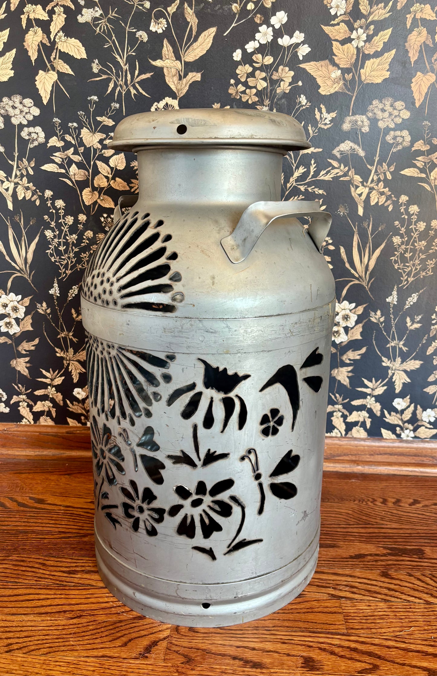 Vintage Milk Can Luminary - Flower, Butterfly and Hummingbird Design