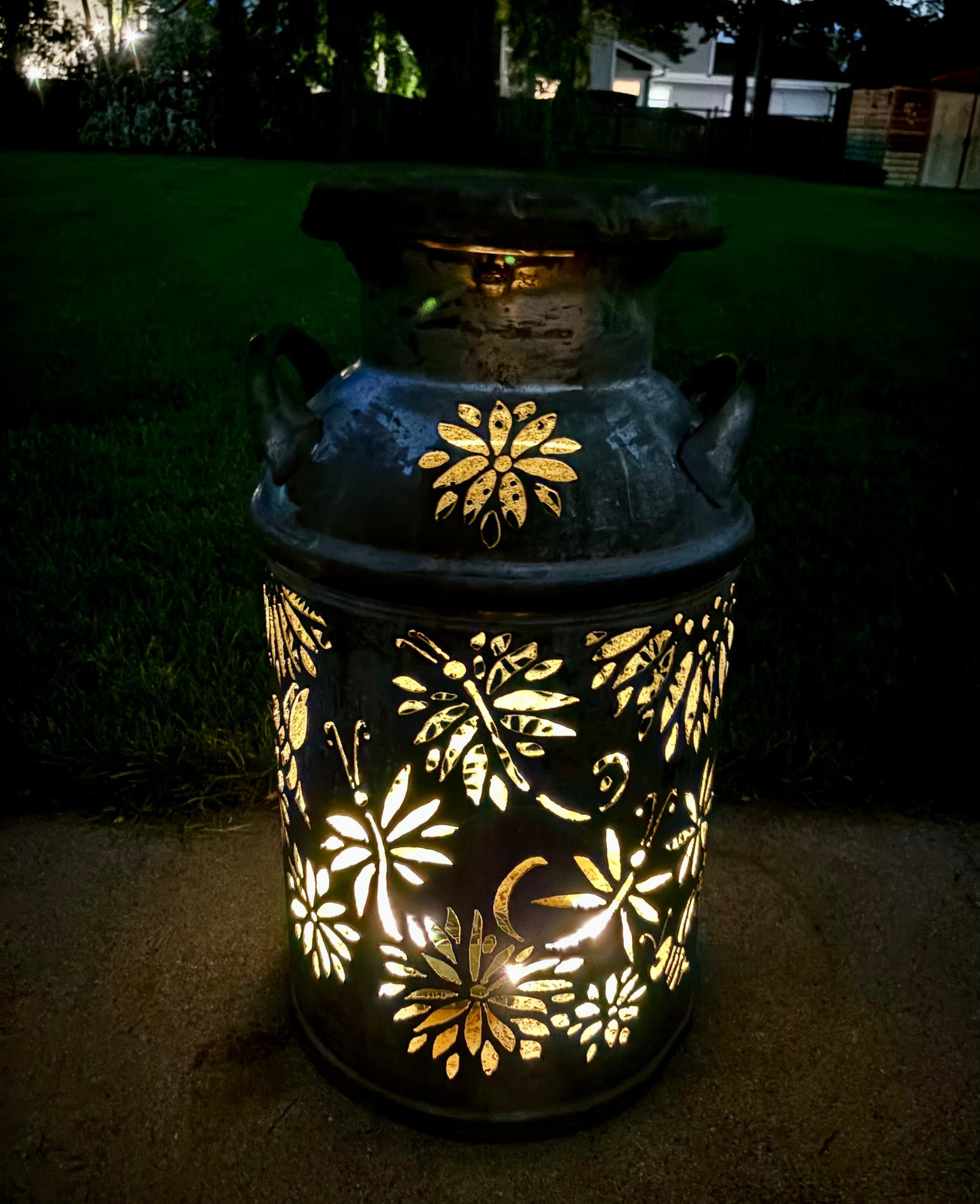 Vintage Milk Can Luminary - Dragonflies, Bees, Hummingbird