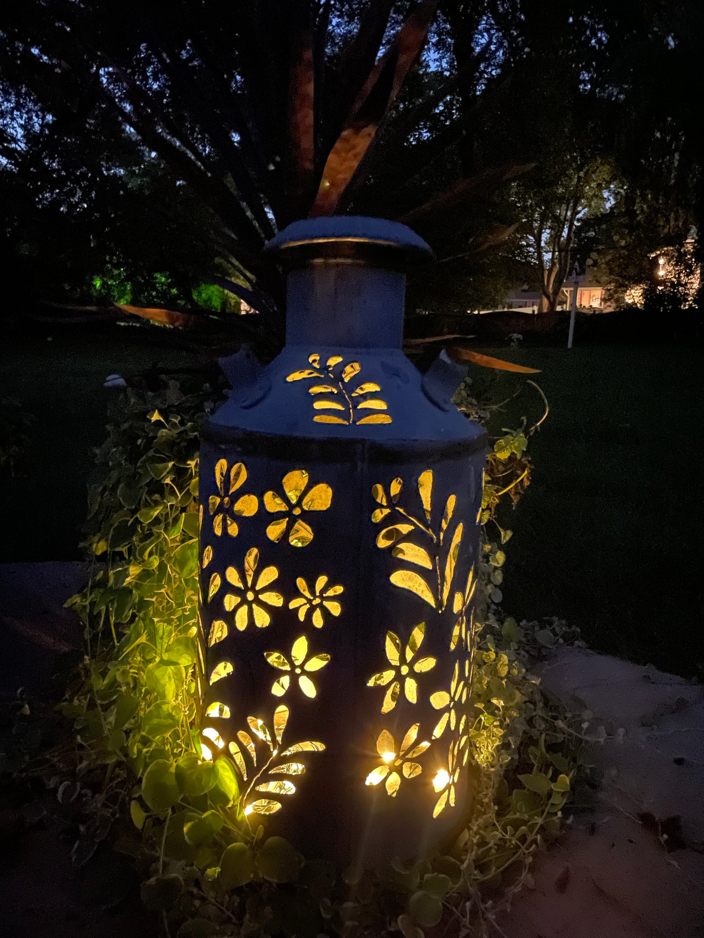 Large Antique Hand-Cut Flower Oil Can