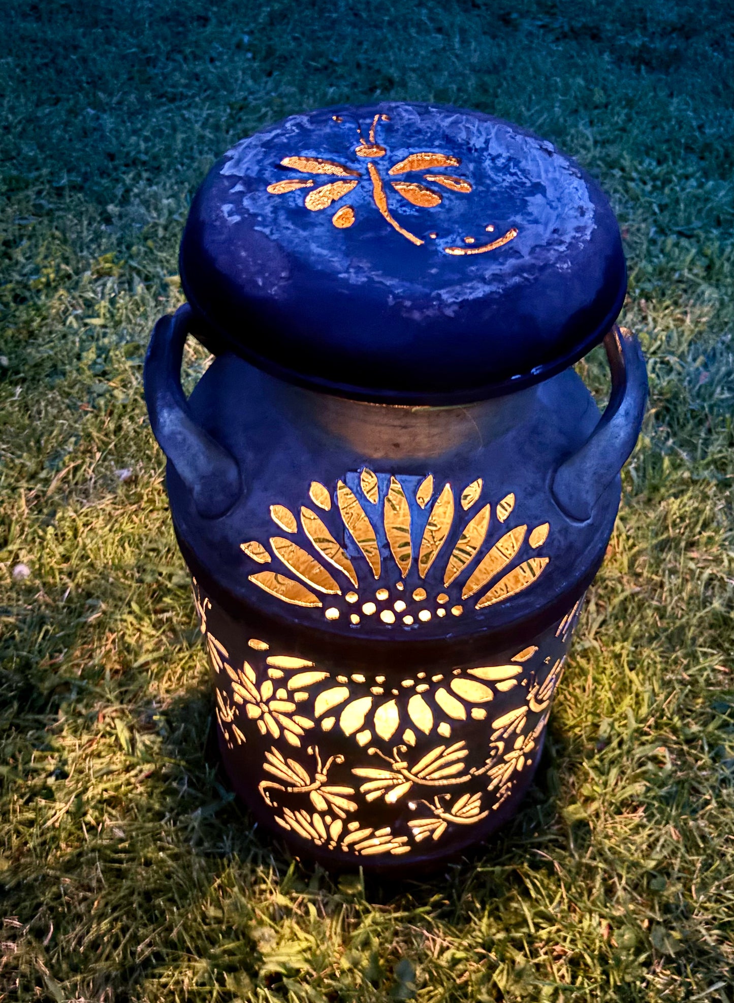 Vintage Milk Can Luminary - Dragonfly Design
