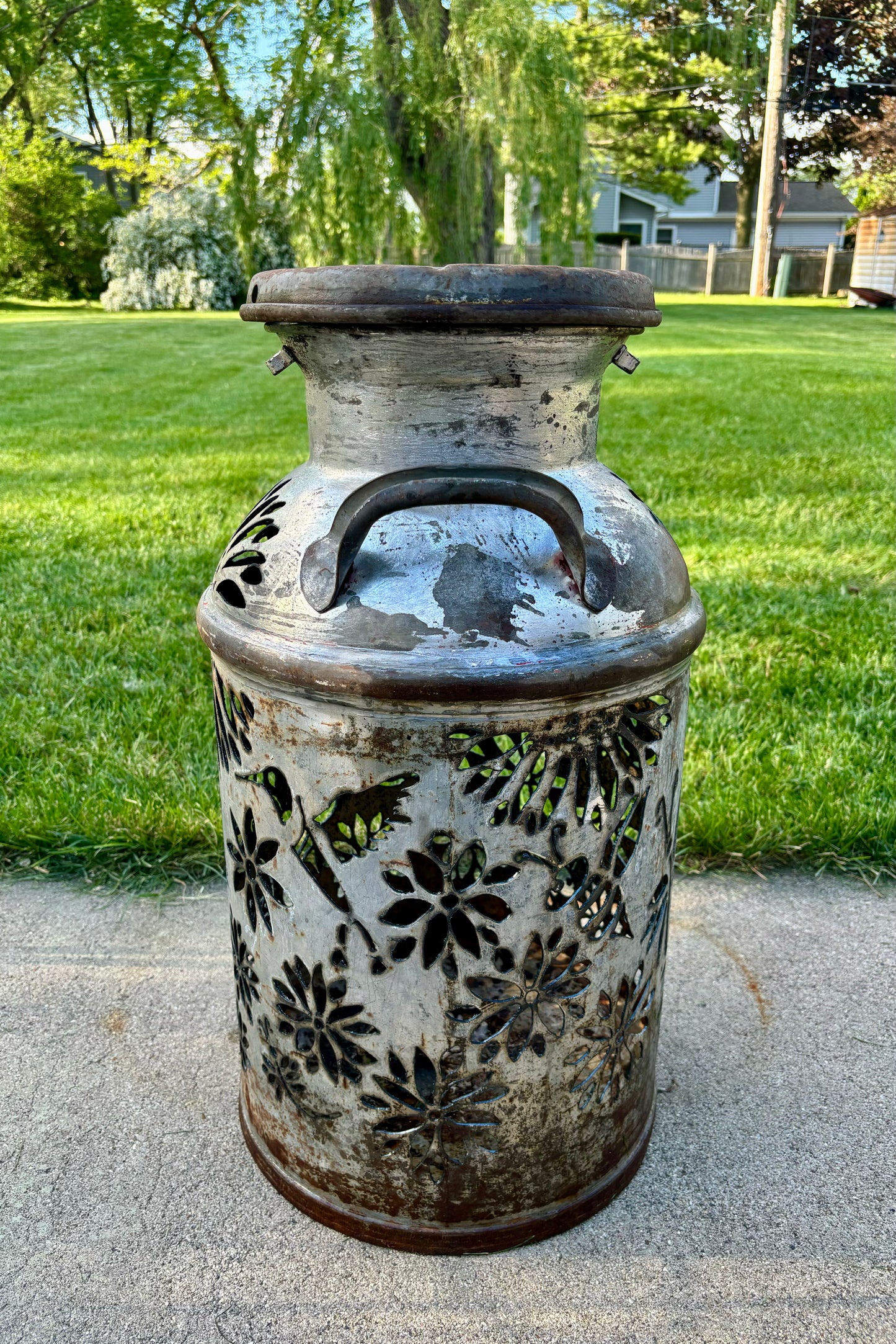 Vintage Milk Can Luminary - Dragonflies, Bees, Hummingbird
