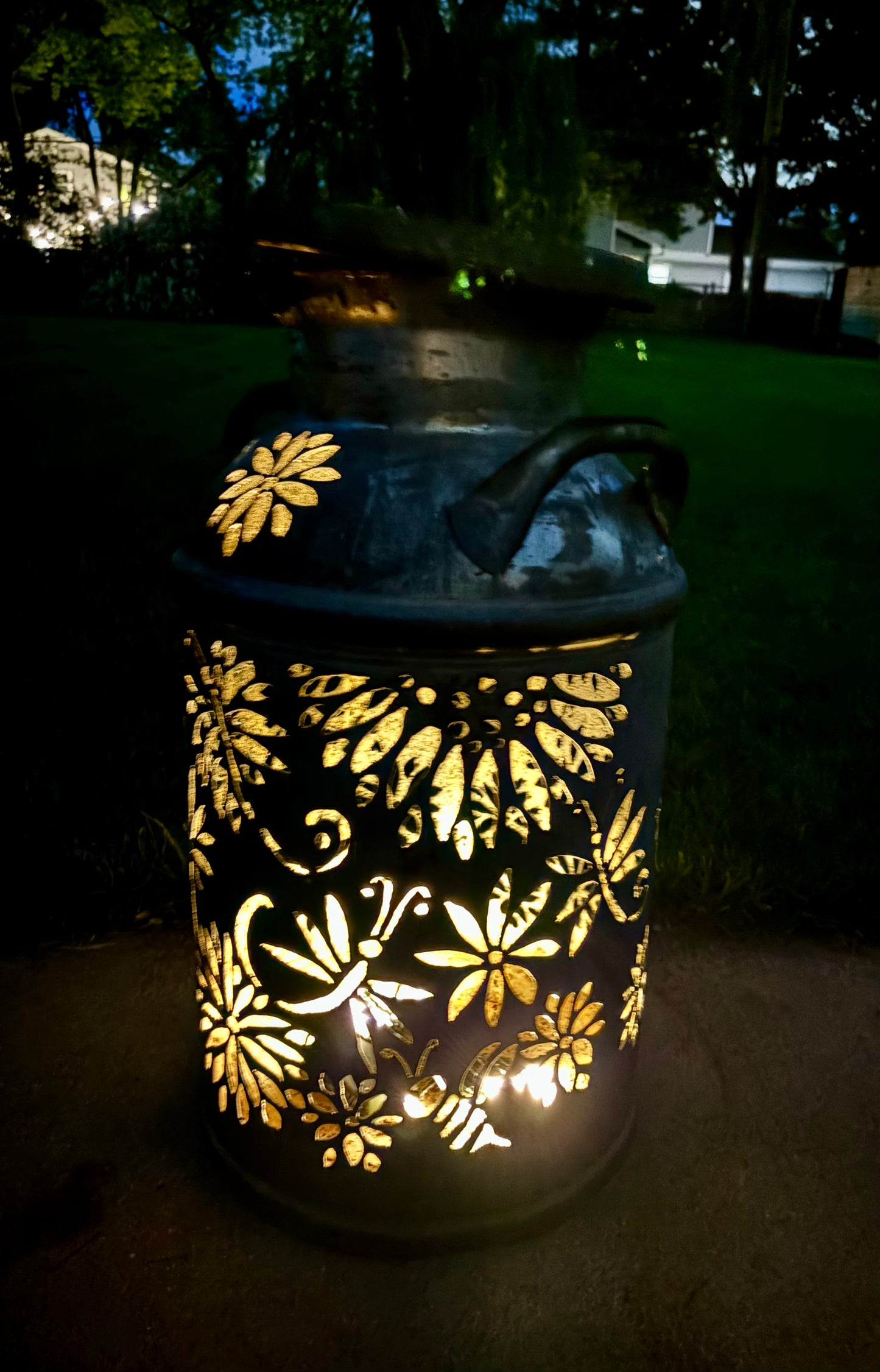 Vintage Milk Can Luminary - Dragonflies, Bees, Hummingbird