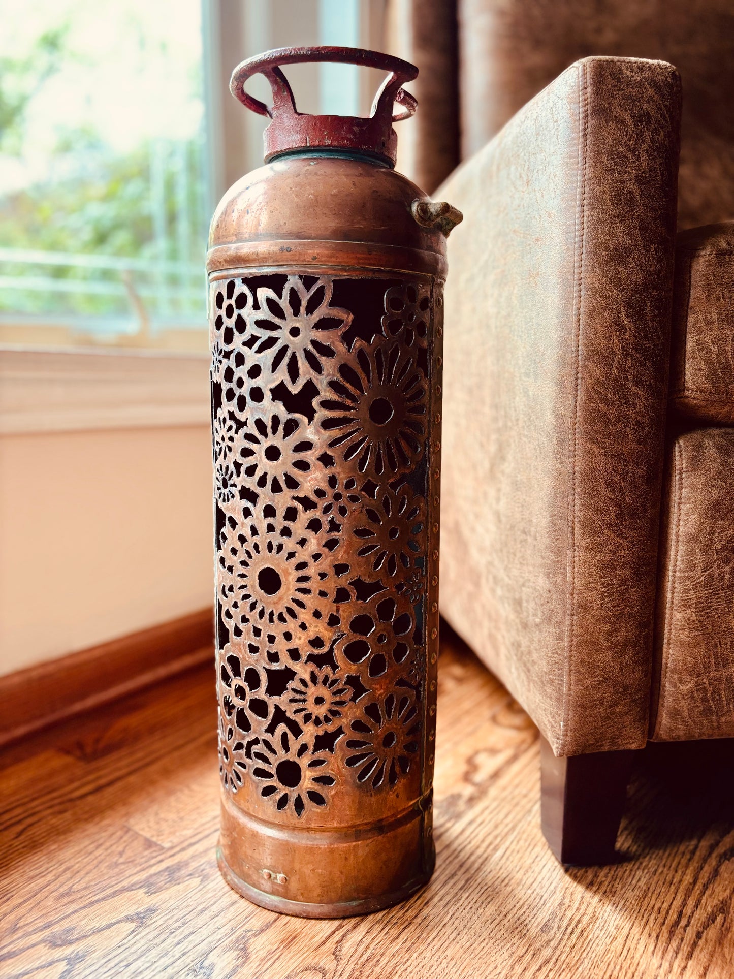 Antique Copper Fire Extinguisher - Flower Design