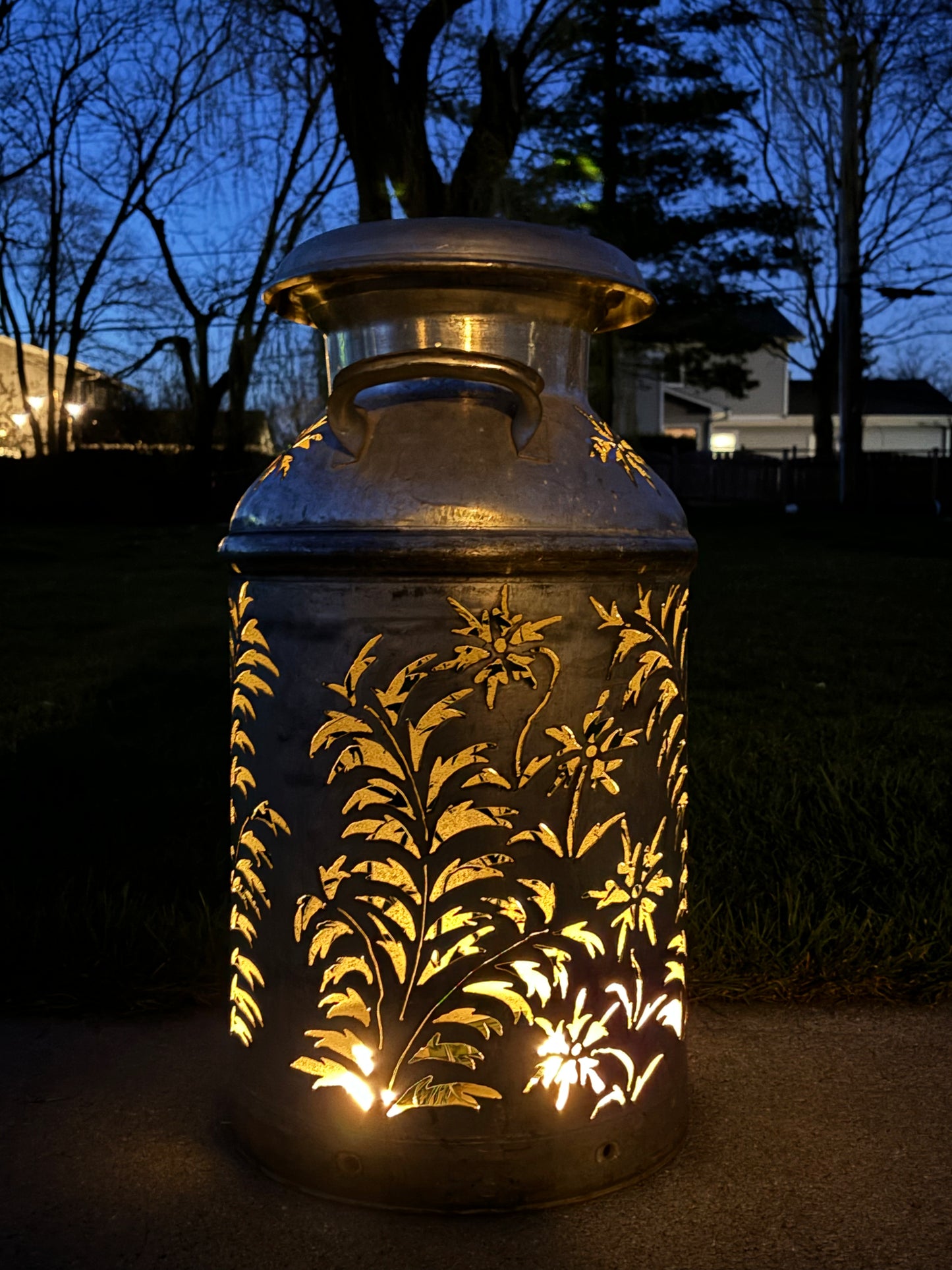 Vintage Milk Can Flower and Leaf Luminary