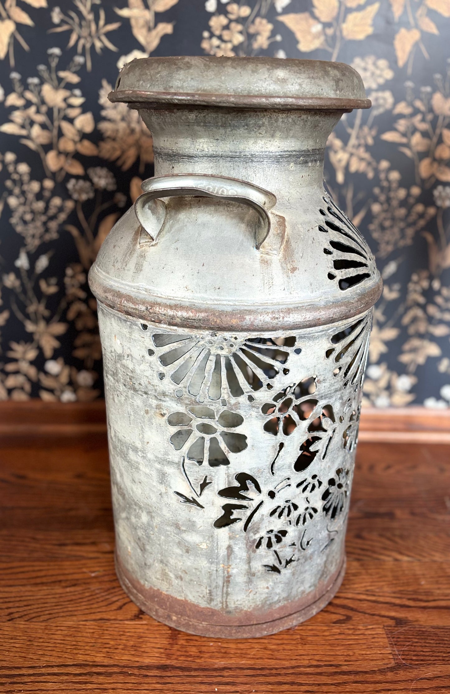 Vintage Milk Can Luminary - Flowers and Butterflies