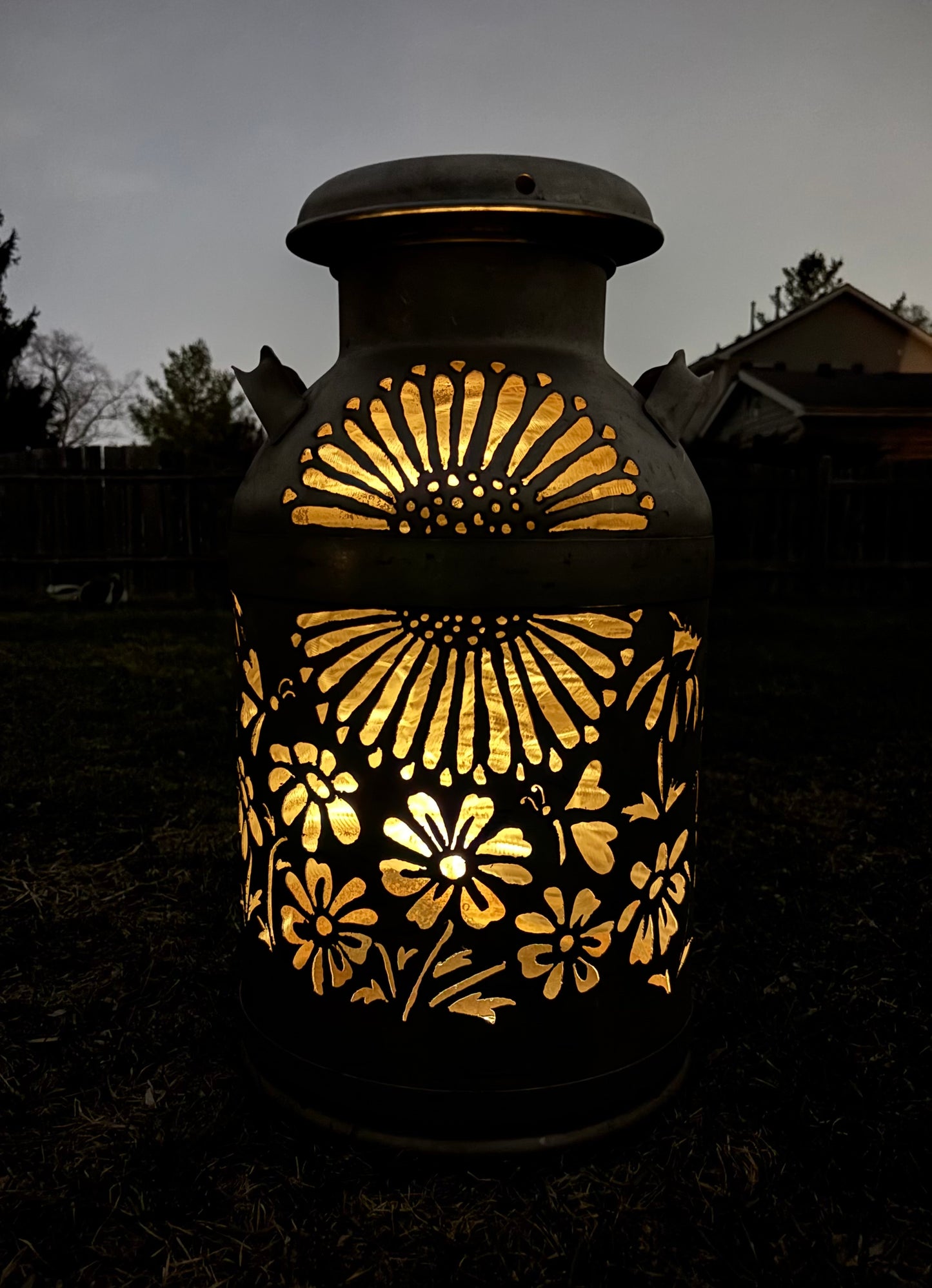 Vintage Milk Can Luminary - Flower, Butterfly and Hummingbird Design