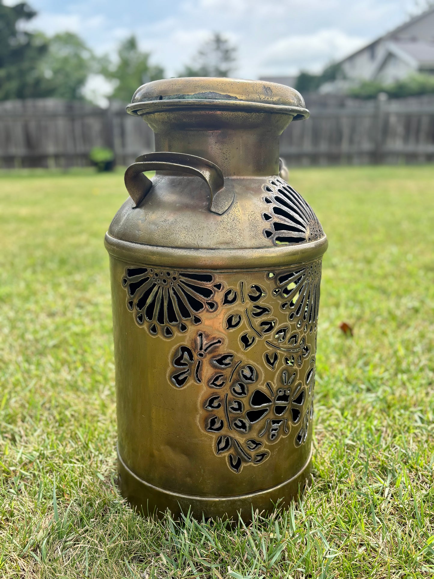 BRONZE Milk Can - Bee and Flower Design