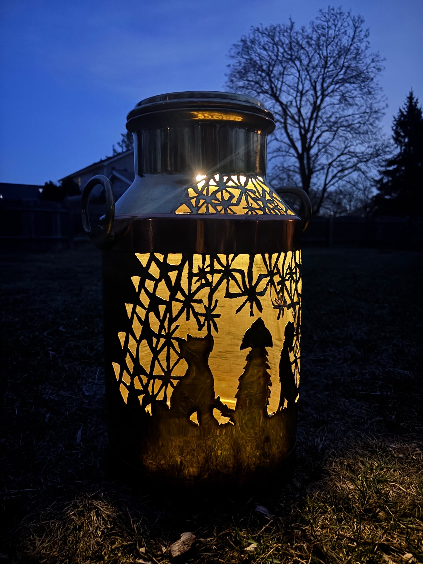 Brass and Copper Milk Can Luminary - Dog and Star Design