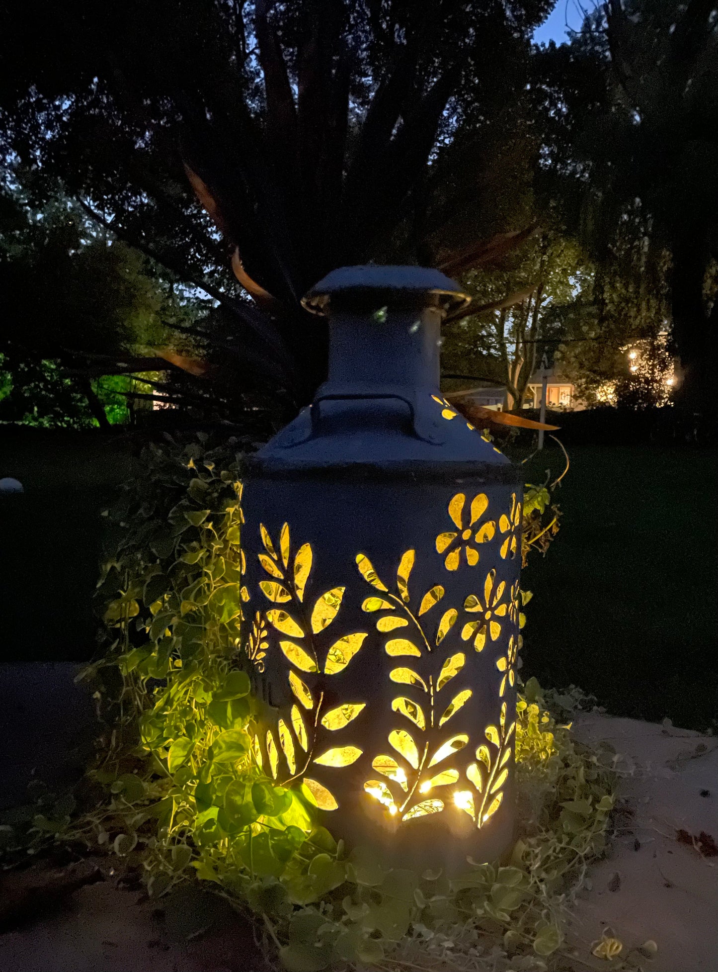 Large Antique Hand-Cut Flower Oil Can