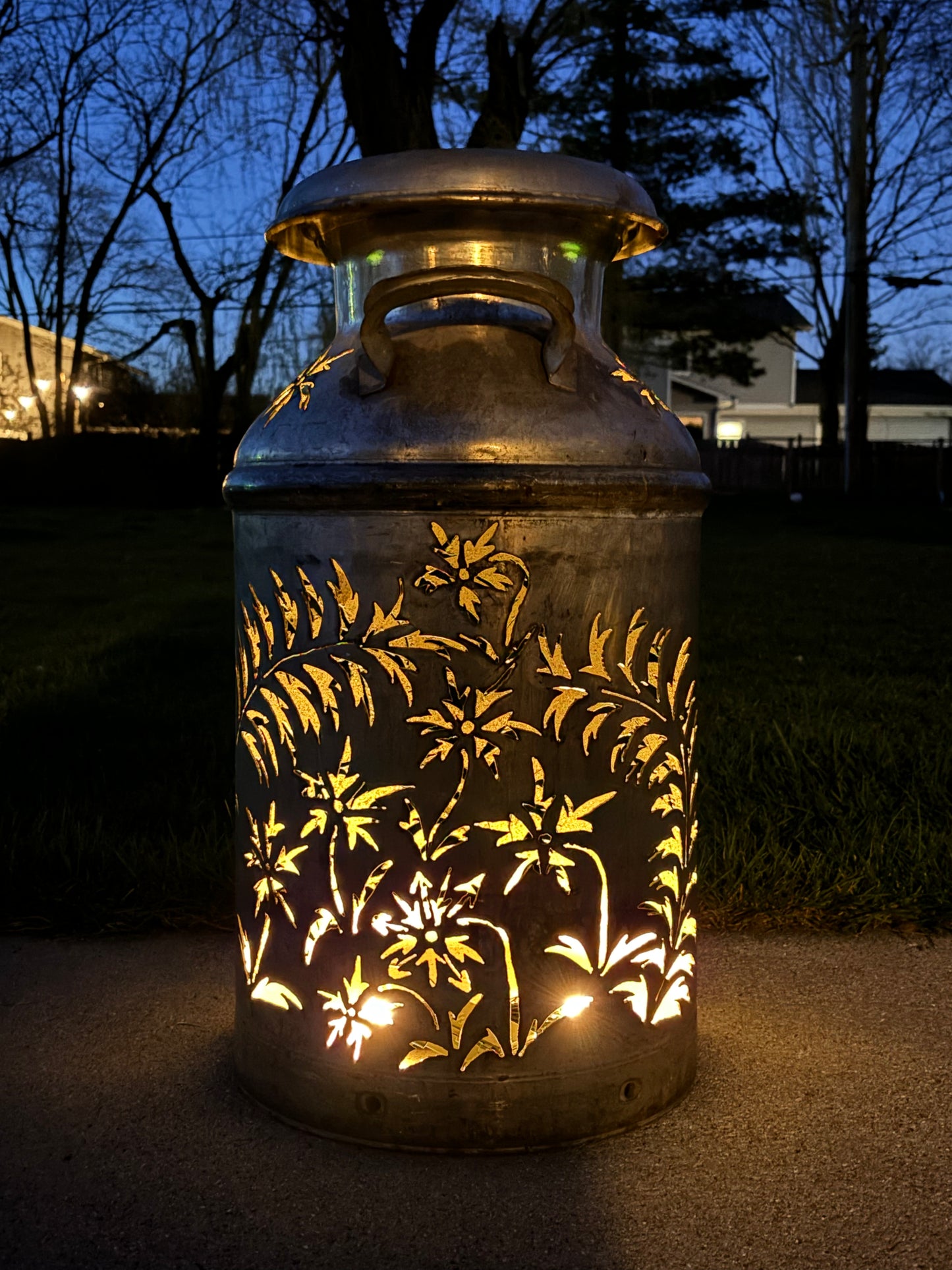 Vintage Milk Can Flower and Leaf Luminary