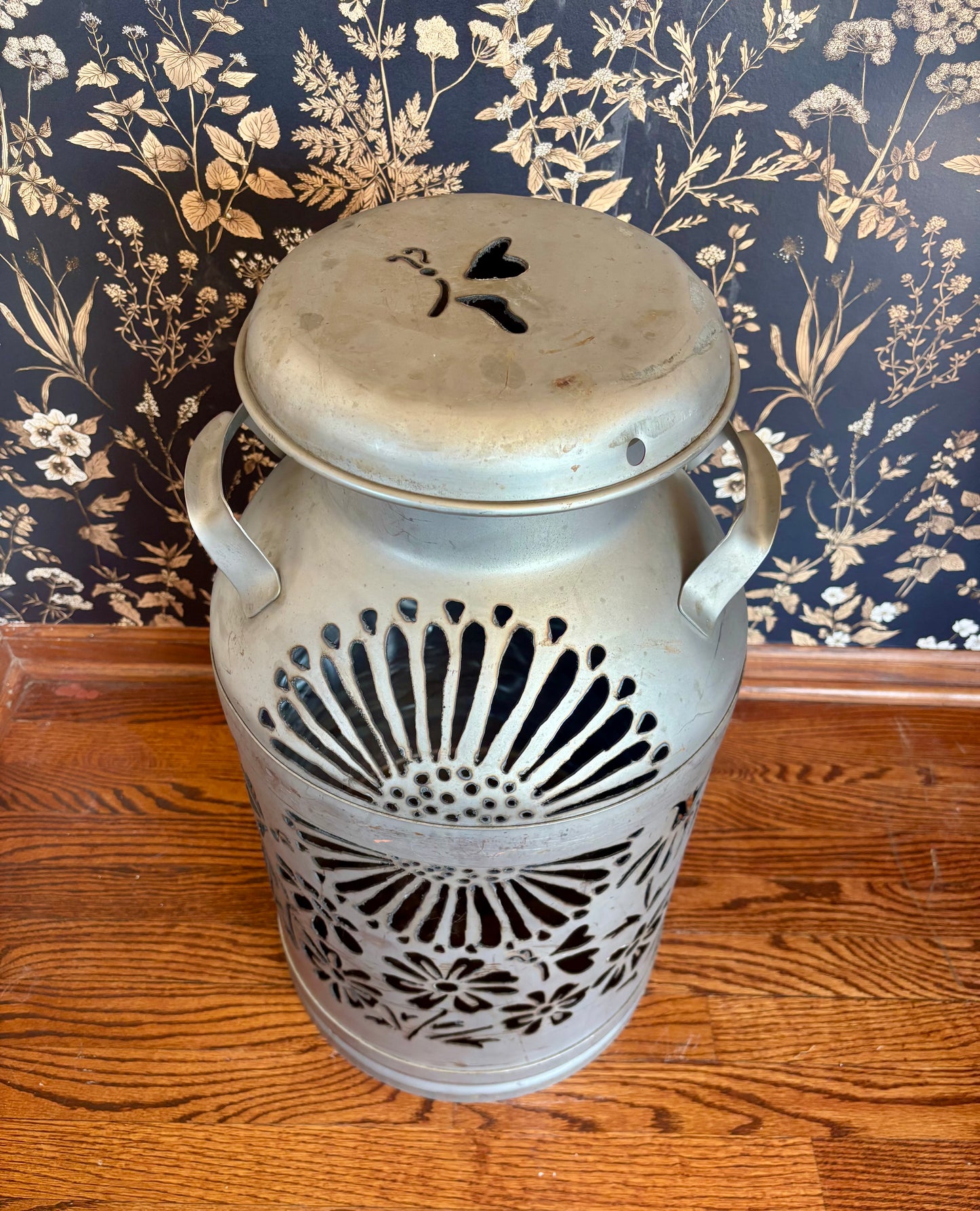 Vintage Milk Can Luminary - Flower, Butterfly and Hummingbird Design