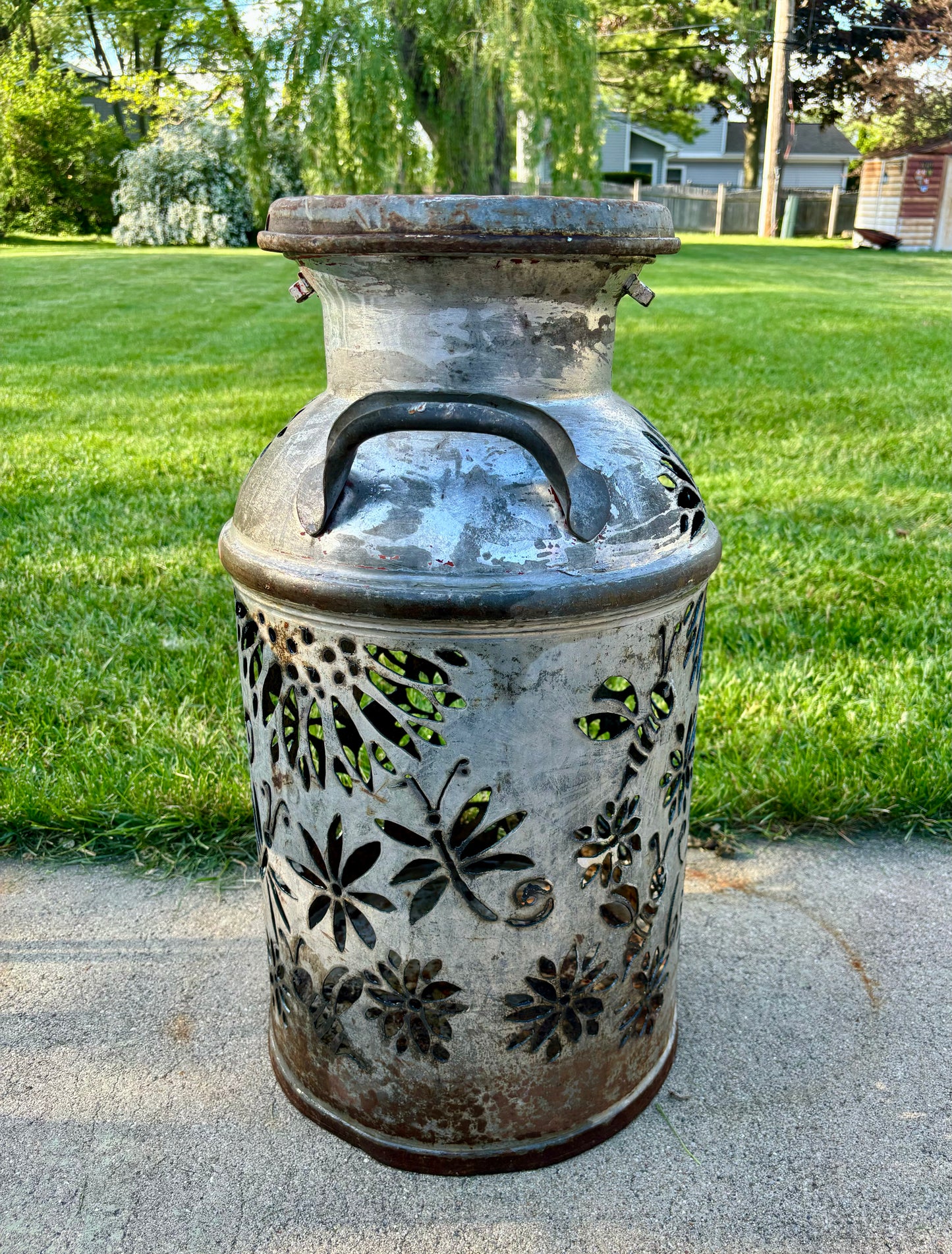 Vintage Milk Can Luminary - Dragonflies, Bees, Hummingbird