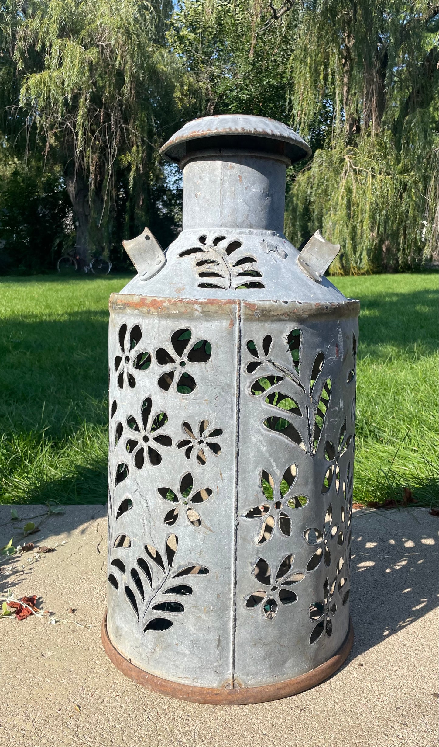 Large Antique Hand-Cut Flower Oil Can