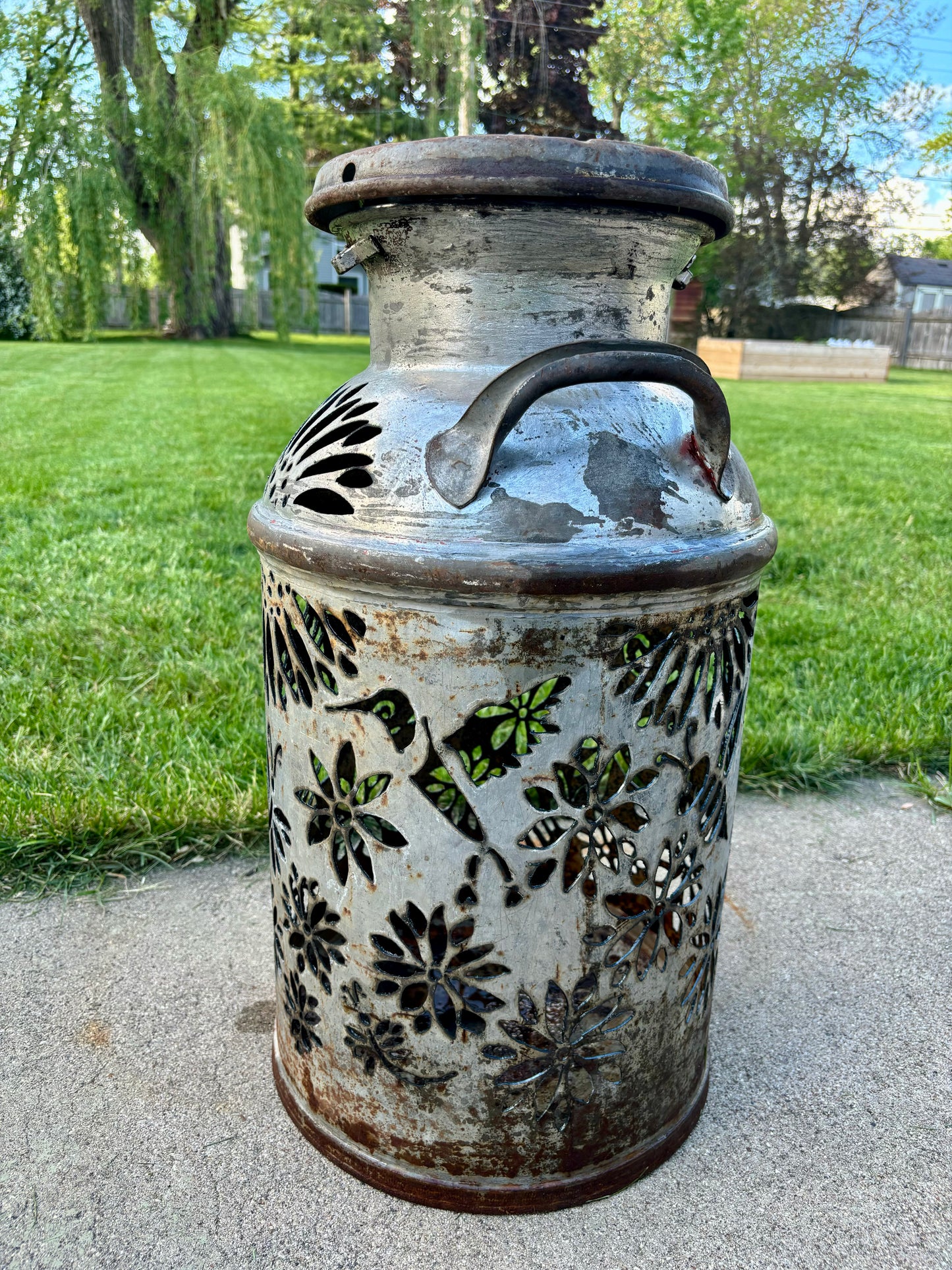 Vintage Milk Can Luminary - Dragonflies, Bees, Hummingbird