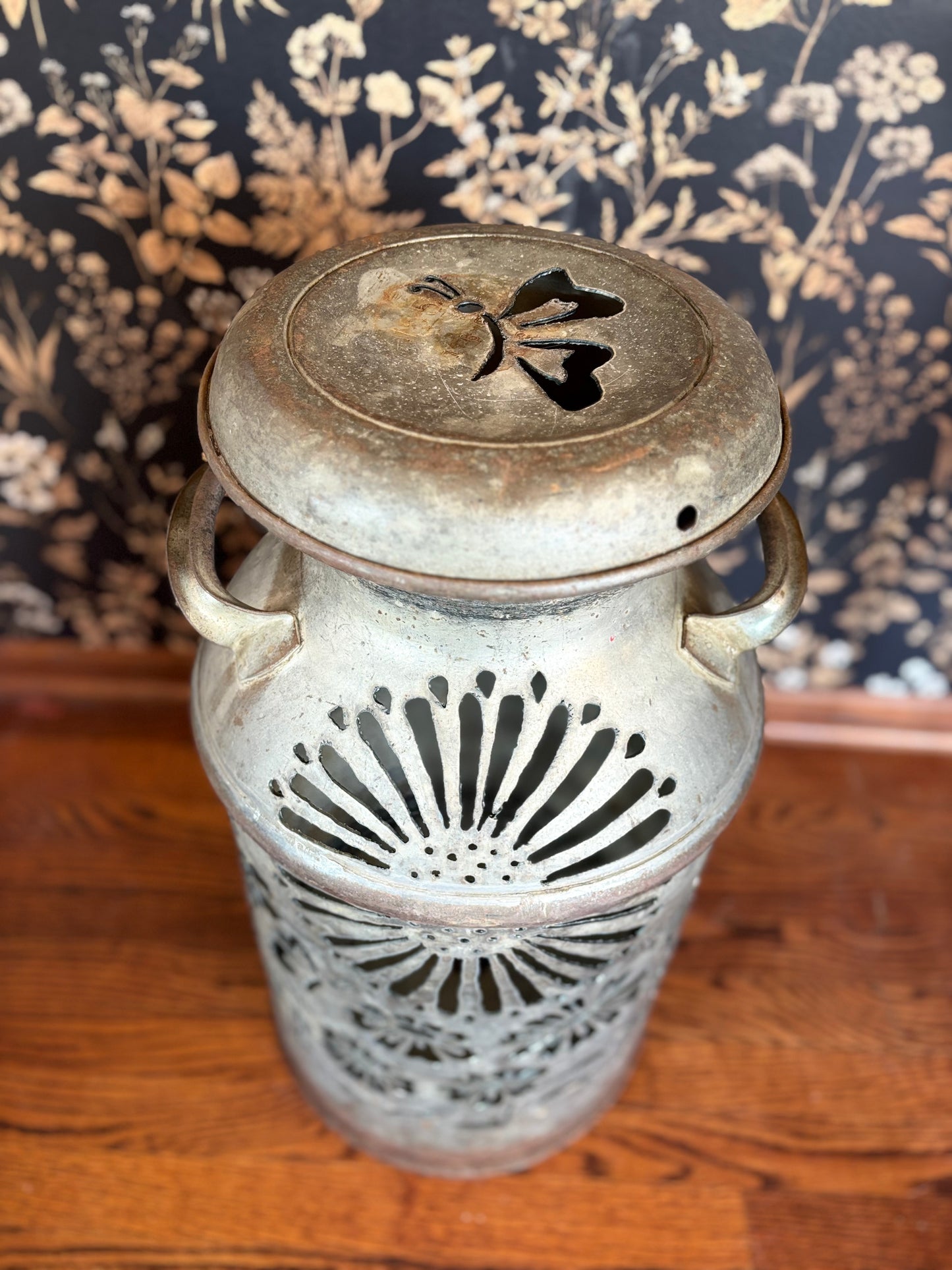 Vintage Milk Can Luminary - Flowers and Butterflies