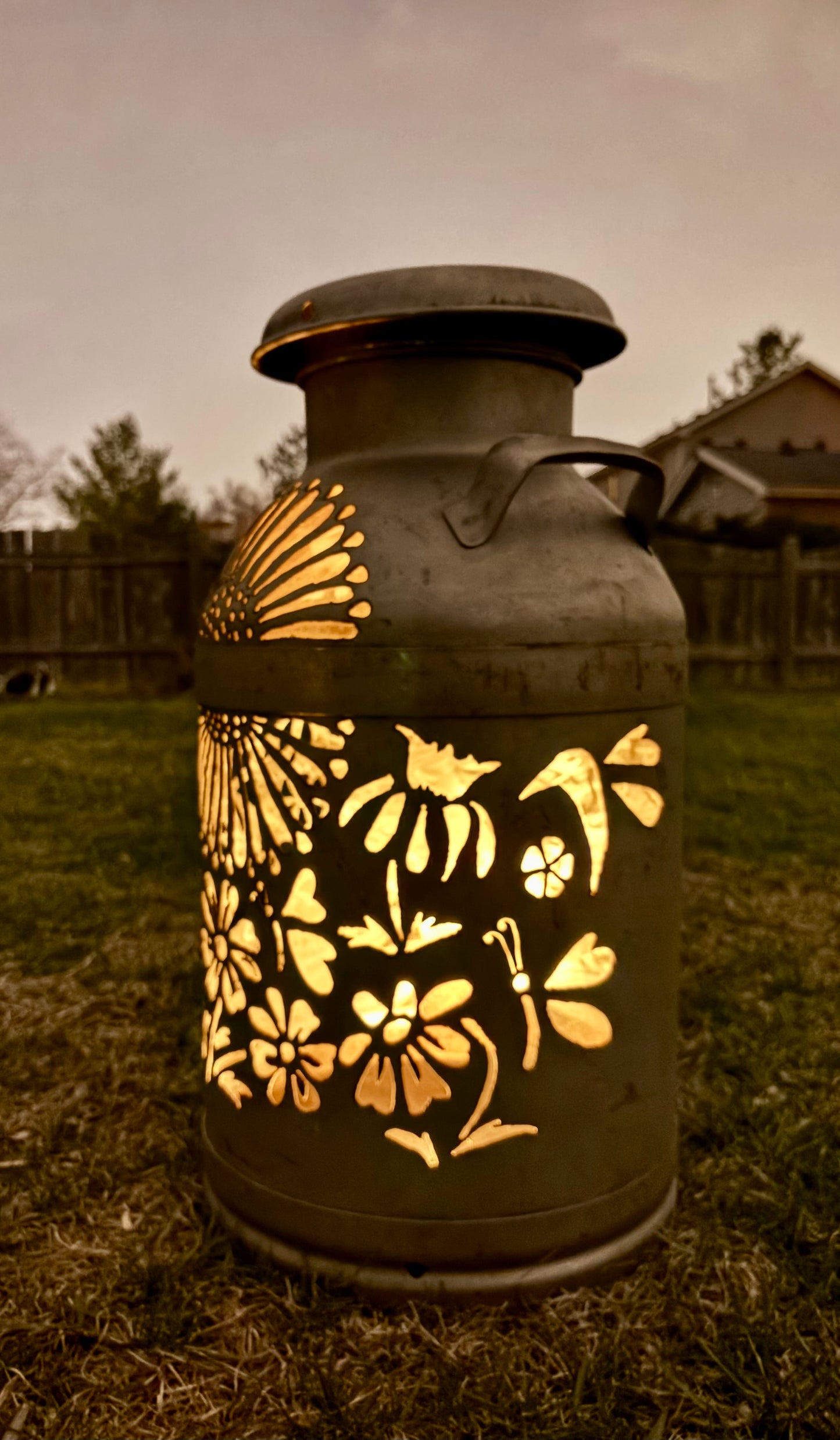 Vintage Milk Can Luminary - Flower, Butterfly and Hummingbird Design