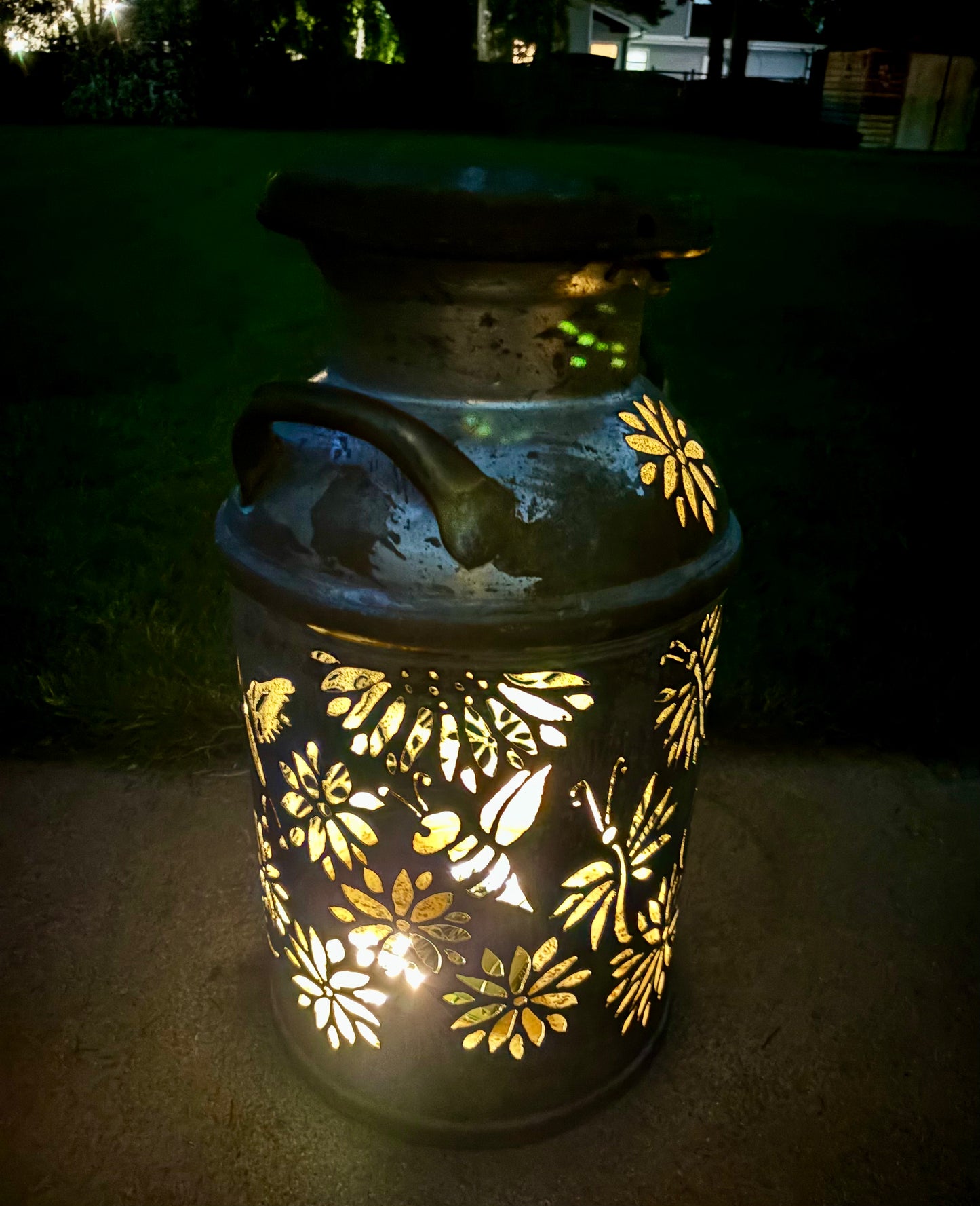 Vintage Milk Can Luminary - Dragonflies, Bees, Hummingbird