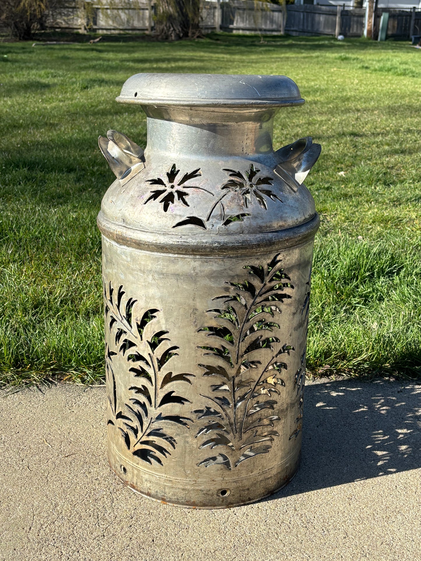 Vintage Milk Can Flower and Leaf Luminary