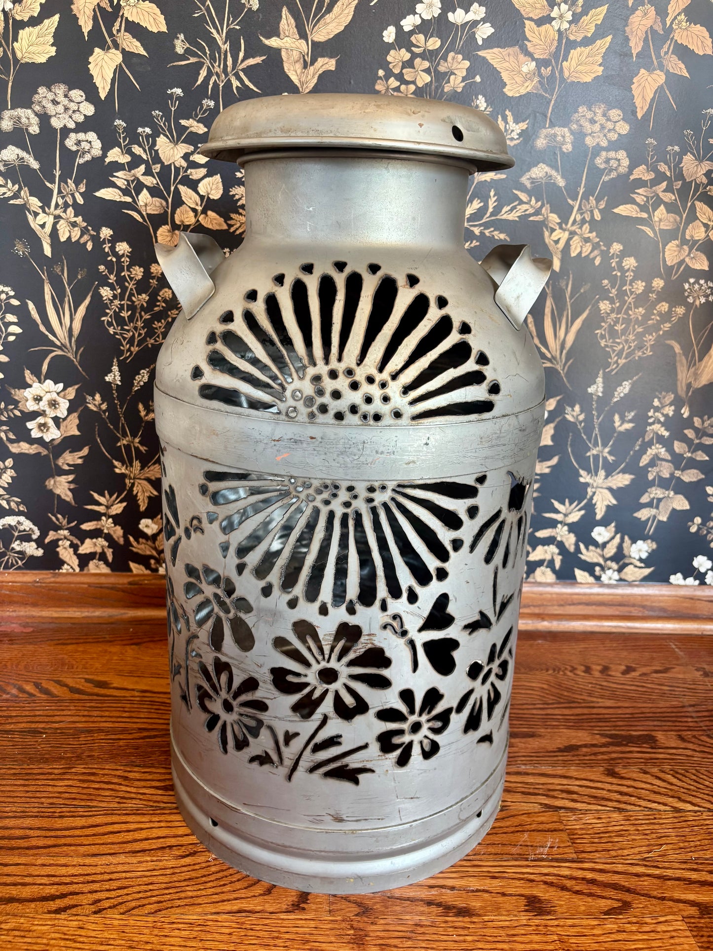 Vintage Milk Can Luminary - Flower, Butterfly and Hummingbird Design