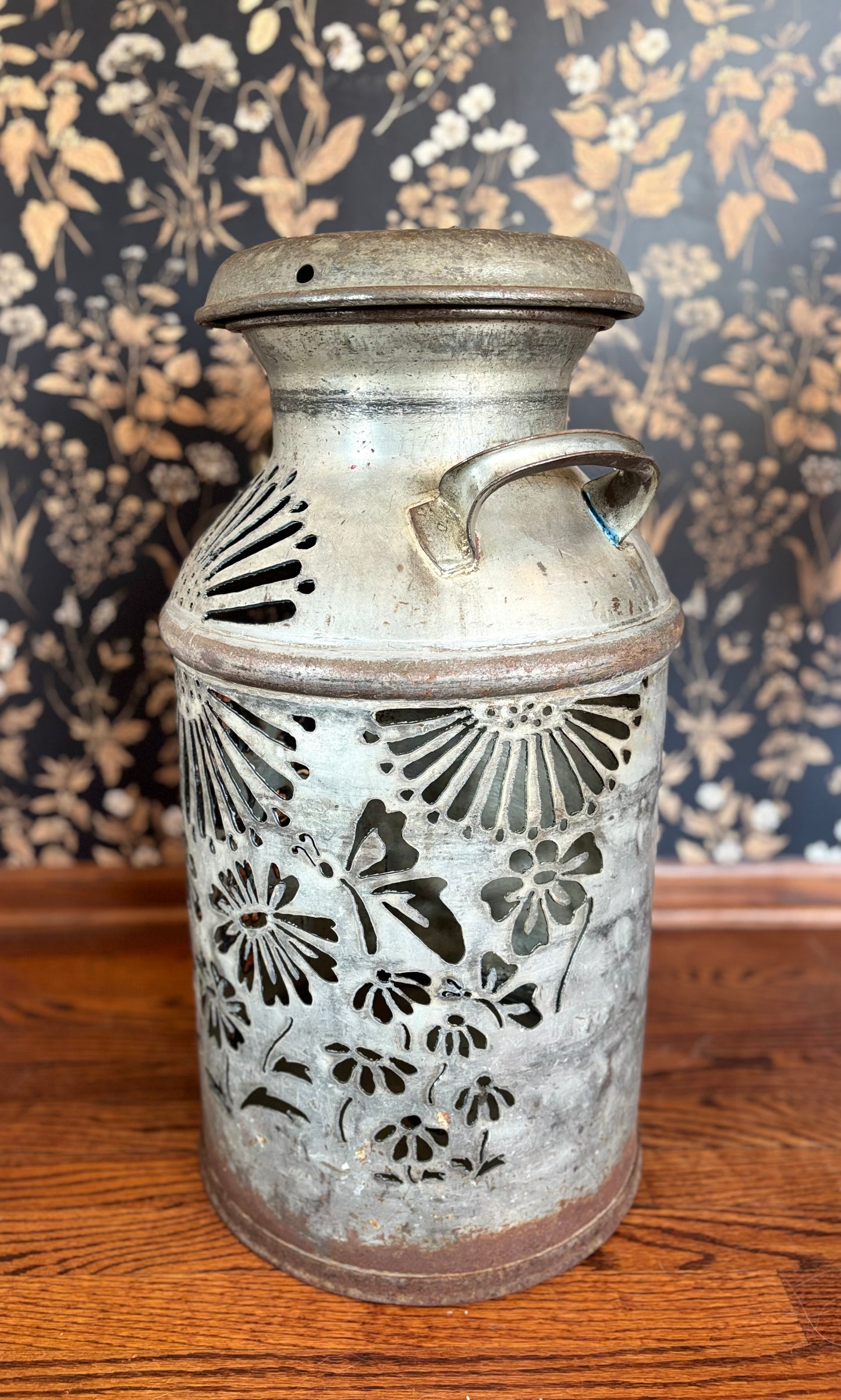Vintage Milk Can Luminary - Flowers and Butterflies