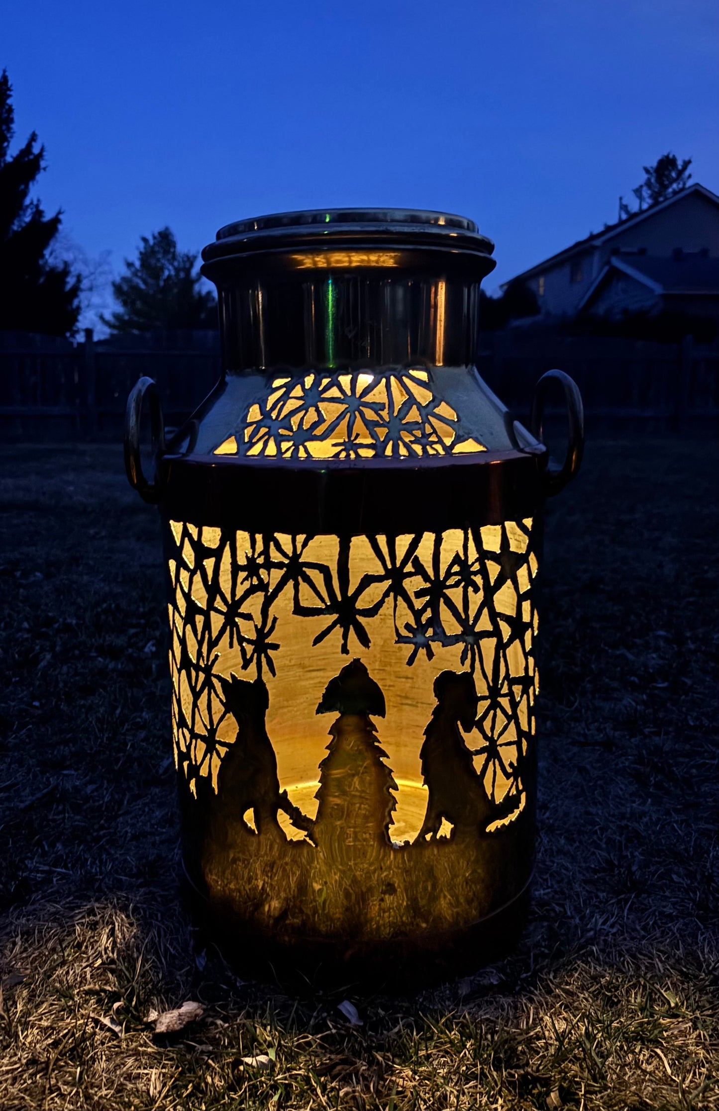 Brass and Copper Milk Can Luminary - Dog and Star Design