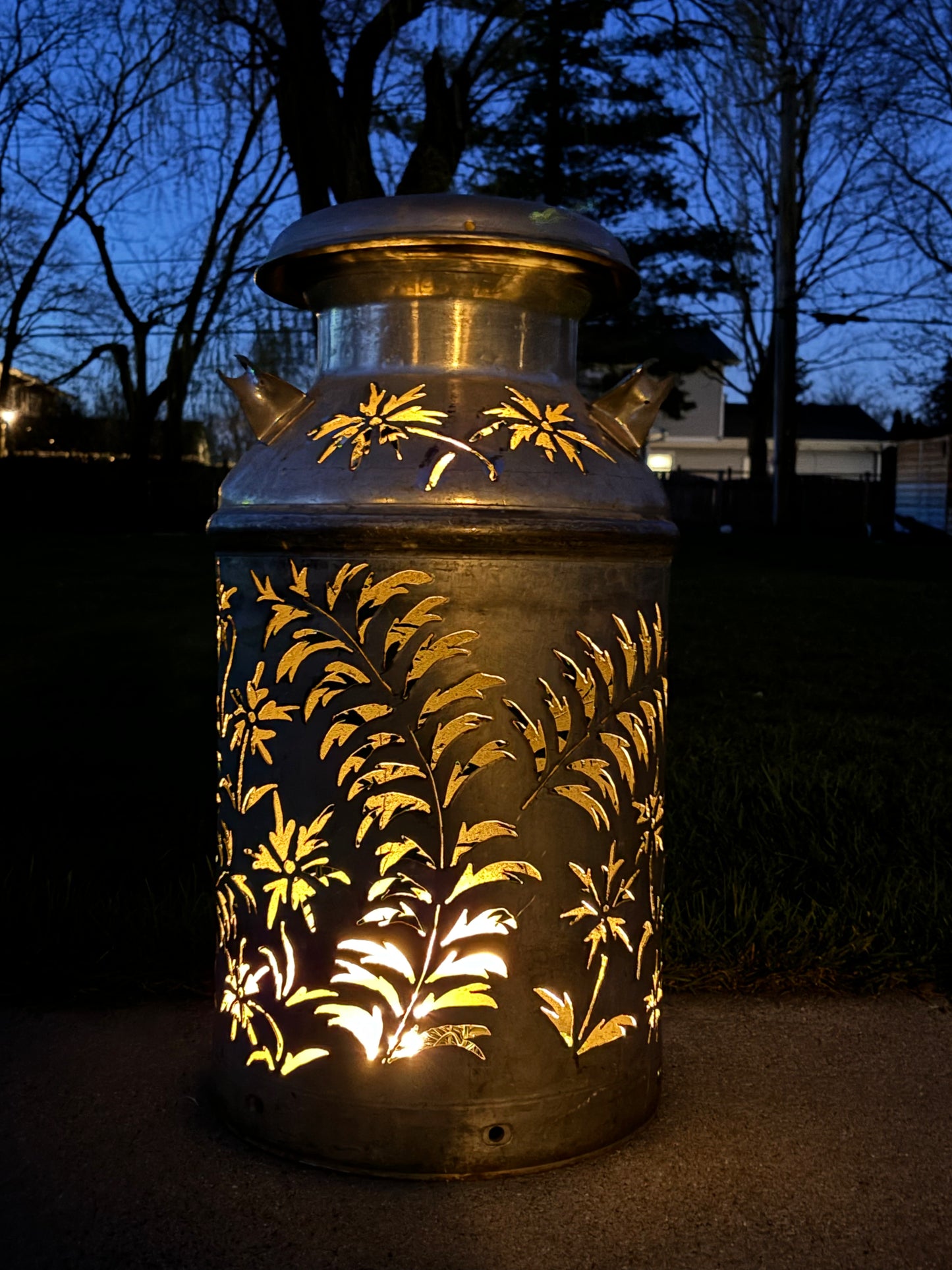 Vintage Milk Can Flower and Leaf Luminary