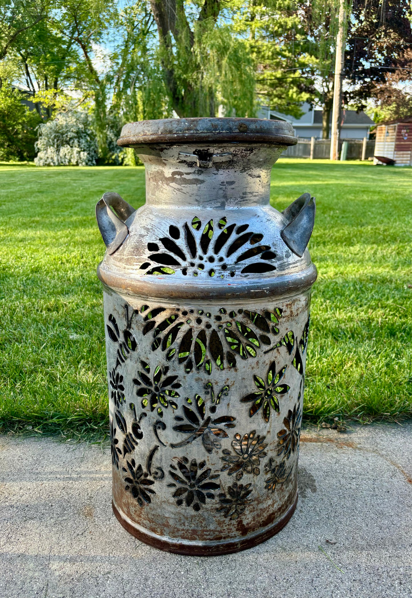 Vintage Milk Can Luminary - Dragonflies, Bees, Hummingbird