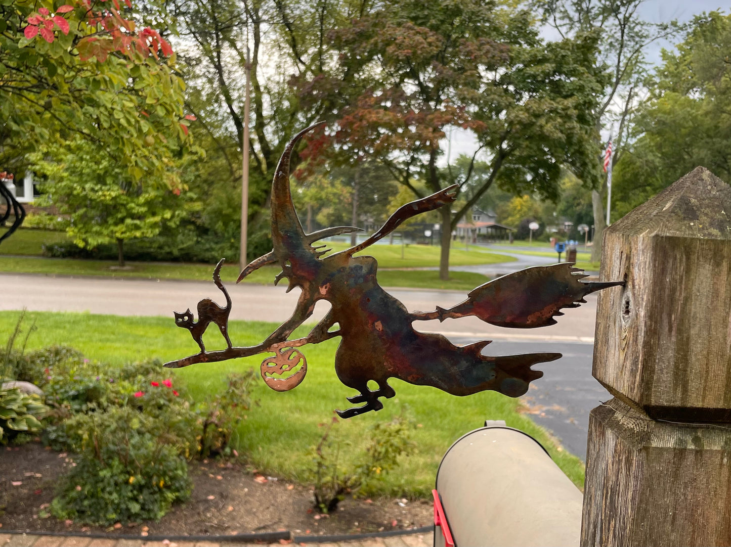 Flying Witch on Broomstick Metal Tree Stake