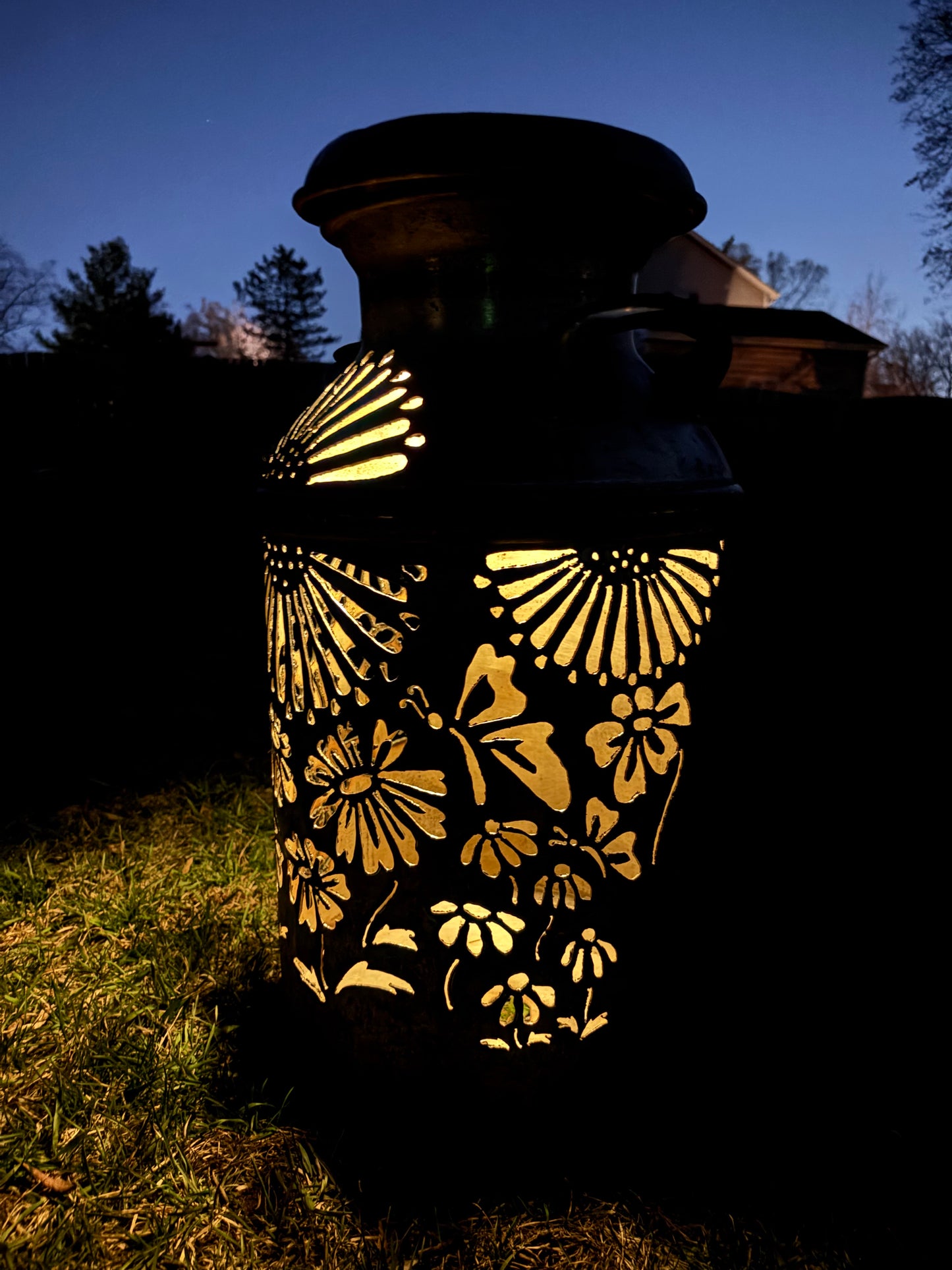 Vintage Milk Can Luminary - Flowers and Butterflies