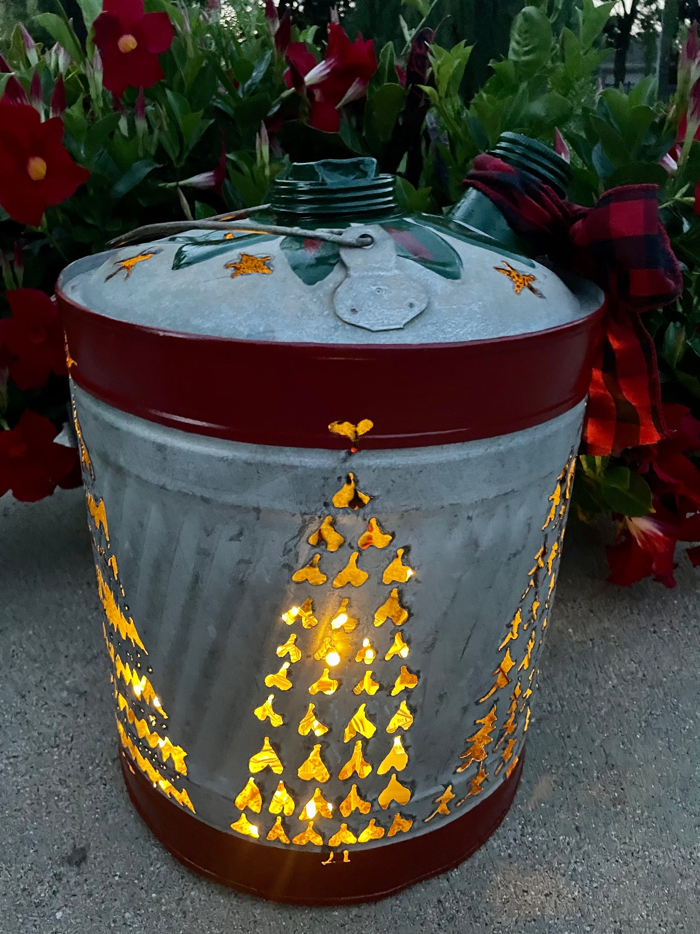 Large Christmas Tree Gas Can Luminary - Green and Red Pointsetta