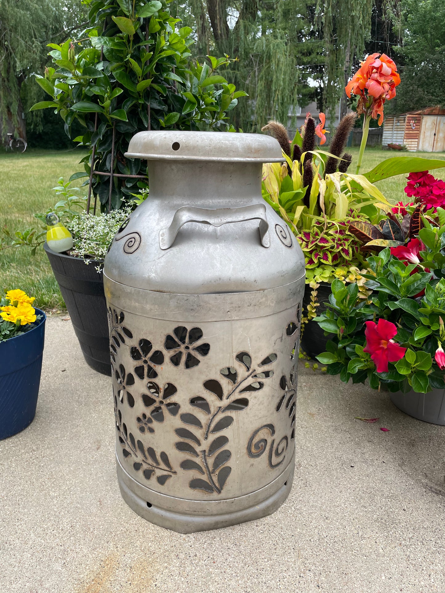 Vintage Milk Can Flower Luminary - Hand Cut