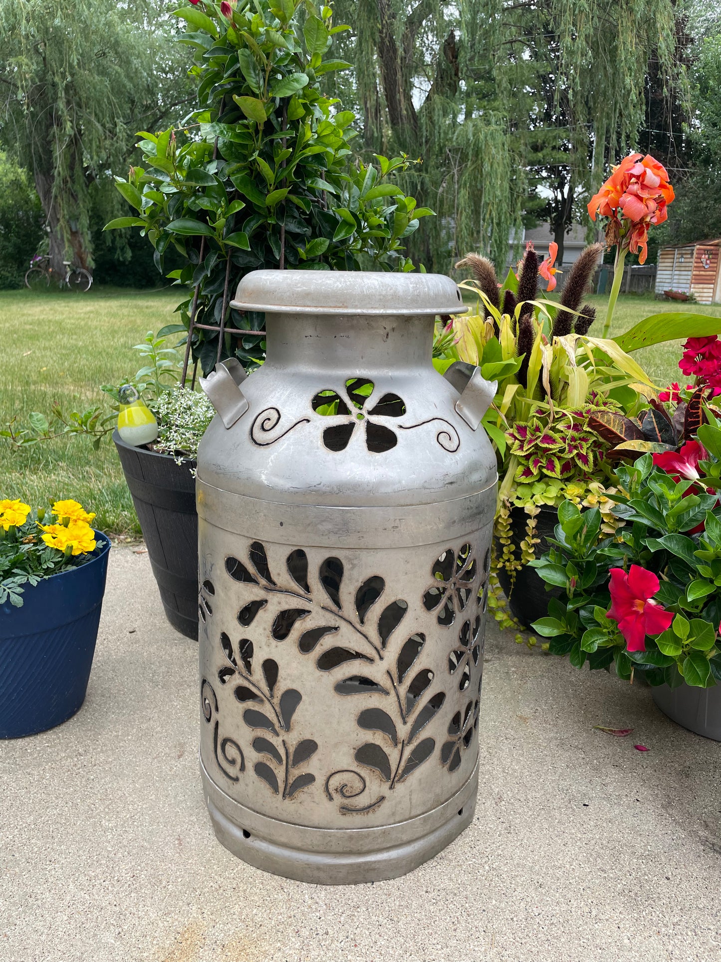 Vintage Milk Can Flower Luminary - Hand Cut