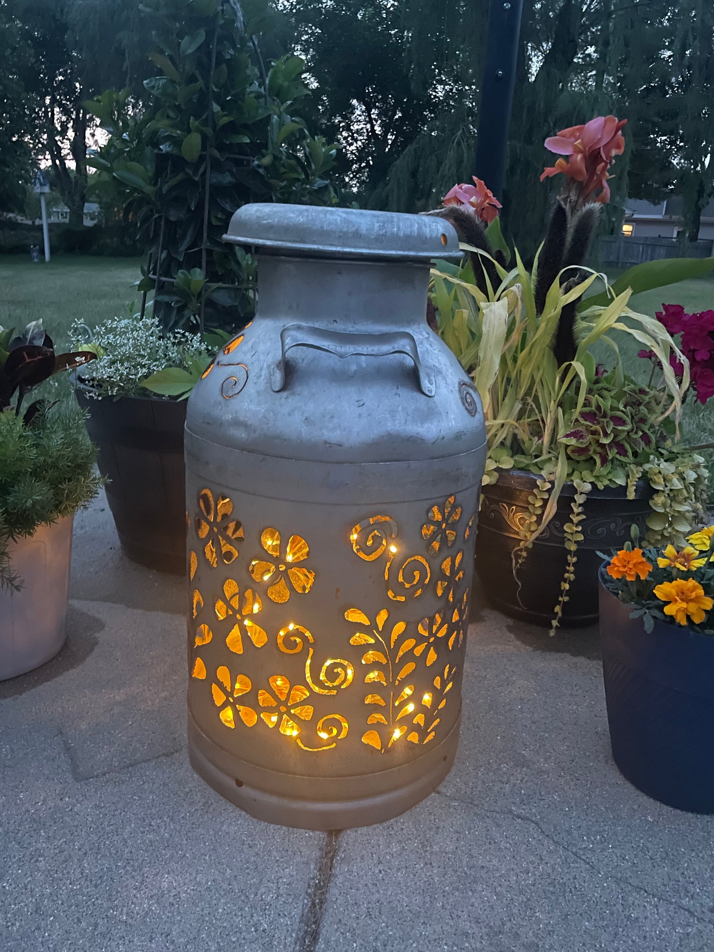 Vintage Milk Can Flower Luminary - Hand Cut