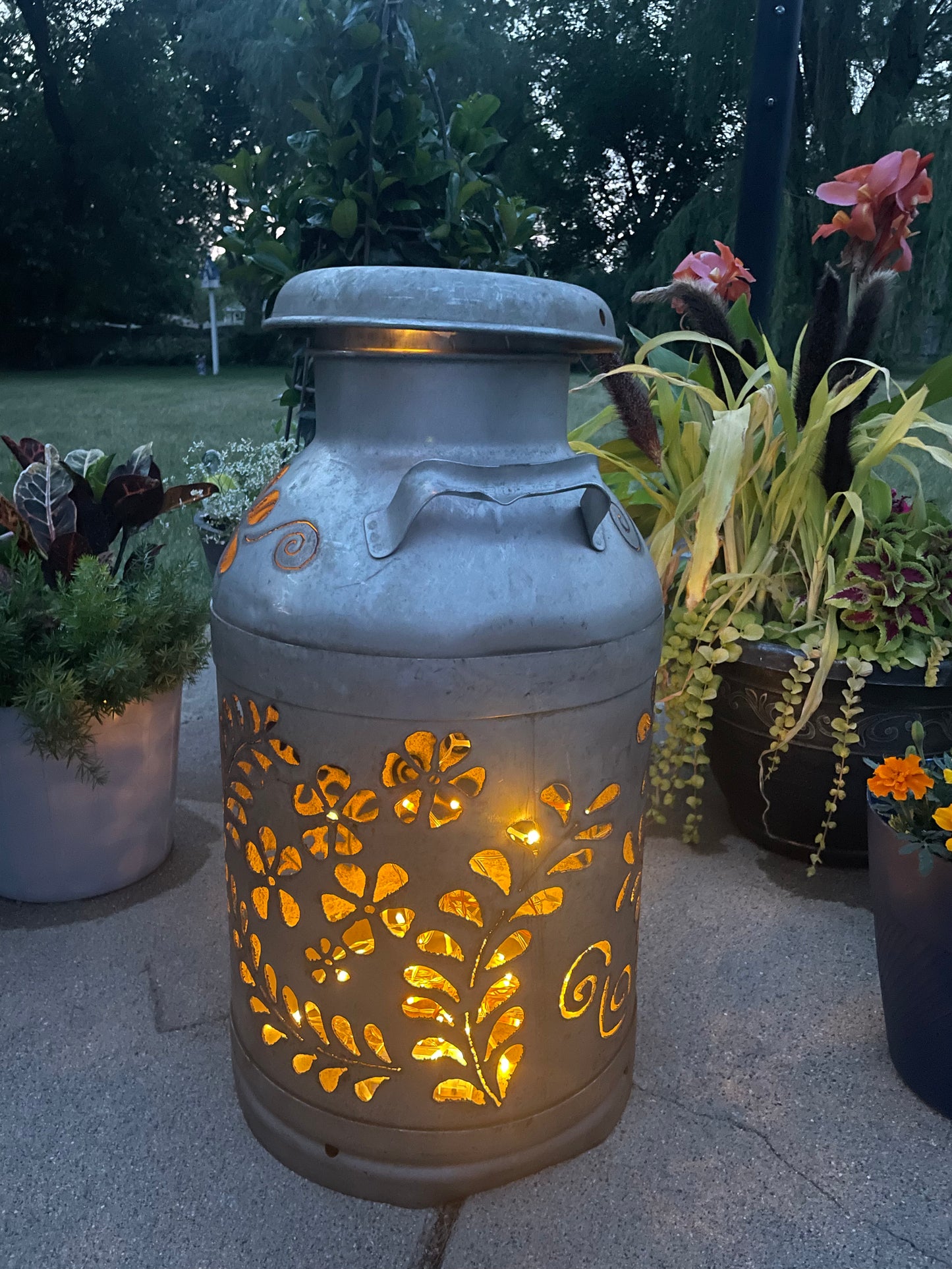 Vintage Milk Can Flower Luminary - Hand Cut
