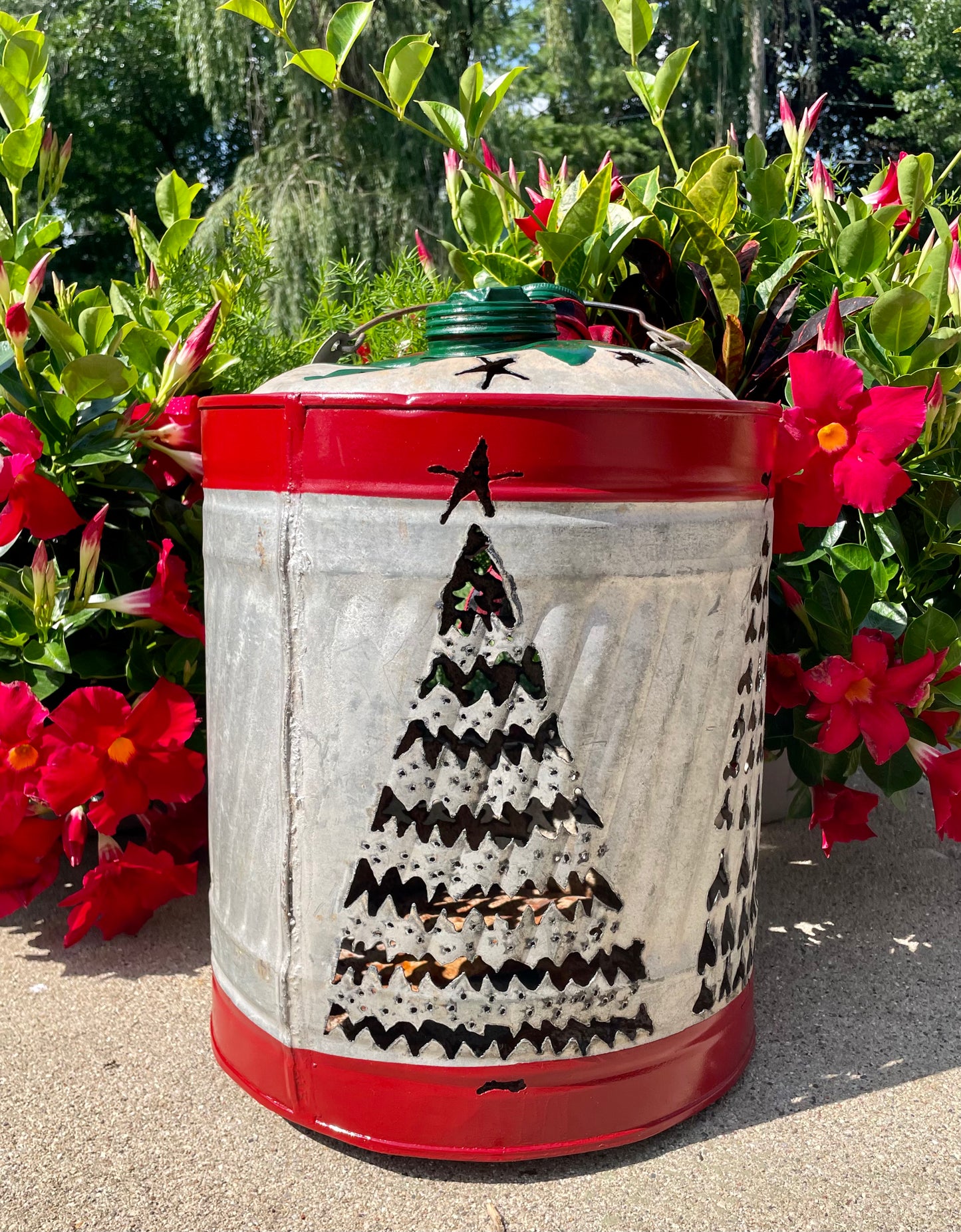 Large Christmas Tree Gas Can Luminary - Green and Red Pointsetta