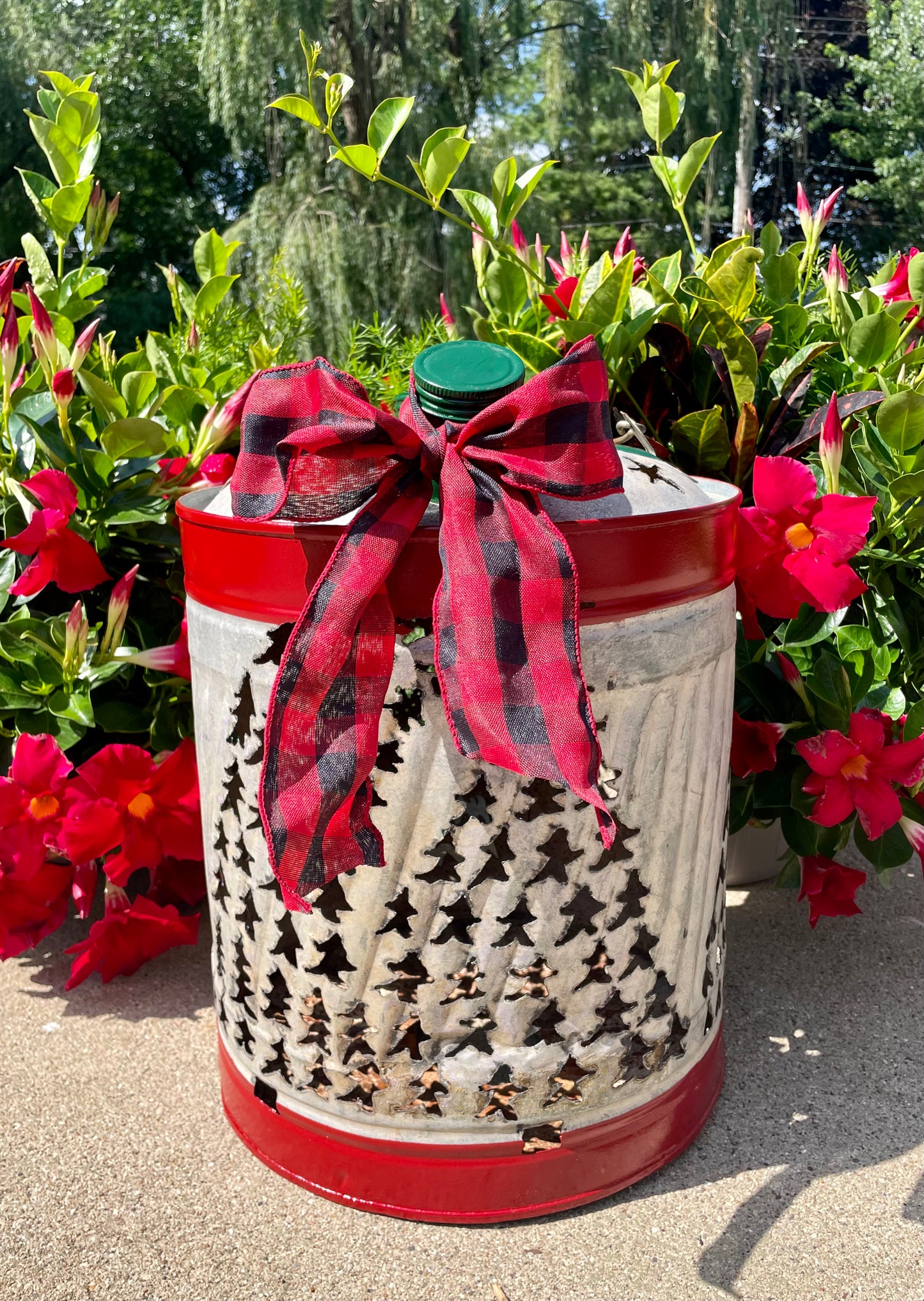Large Christmas Tree Gas Can Luminary - Green and Red Pointsetta