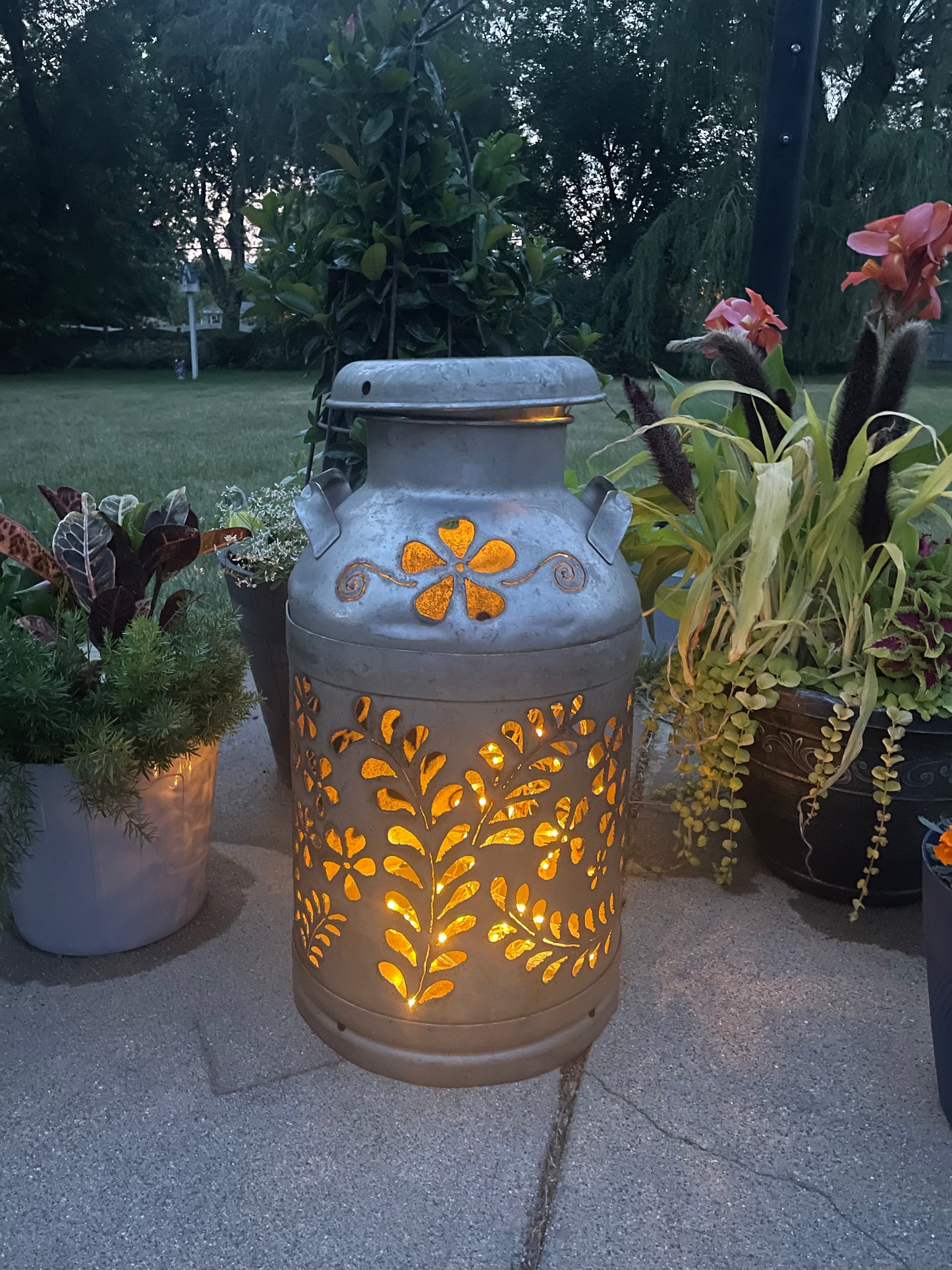 Vintage Milk Can Flower Luminary - Hand Cut